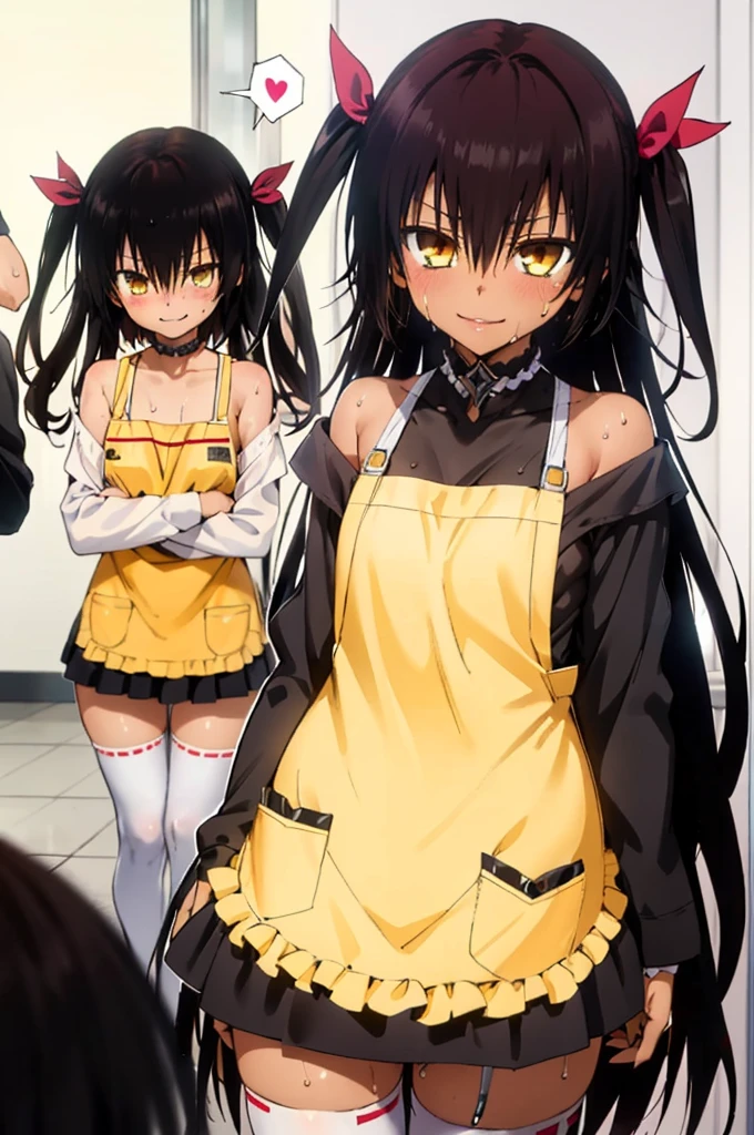 1girl, aster nemesis, dark-skinned female, black hair, very long hair, yellow eyes, flat chest , twin tails, looking at viewer, indoor, , tanned body,(((Sweating))), ,,***,,smile,,(spoken heart),maid costume,miniskirt,thighhighs,cowboy shot,off shoulder,apron,long sleeves