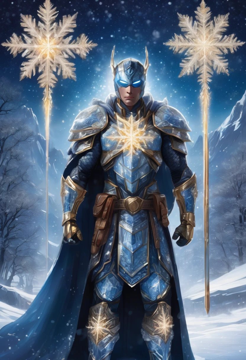 A superhero enveloped in a cloak of snow and ice, with intricate snowflake patterns on their armor. They stand in a snowy landscape, with a starry night sky above. Their hands hold a glowing crystal, and the air around them sparkles with frost, creating a serene and powerful image