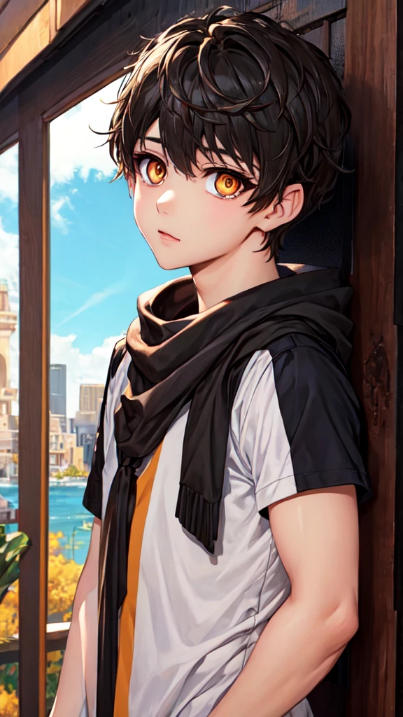 masterpiece, 最high quality, high quality, One boy, alone, Male Focus, View your viewers, Upper Body, Innocent, A beautiful boy with black hair and amber eyes.。