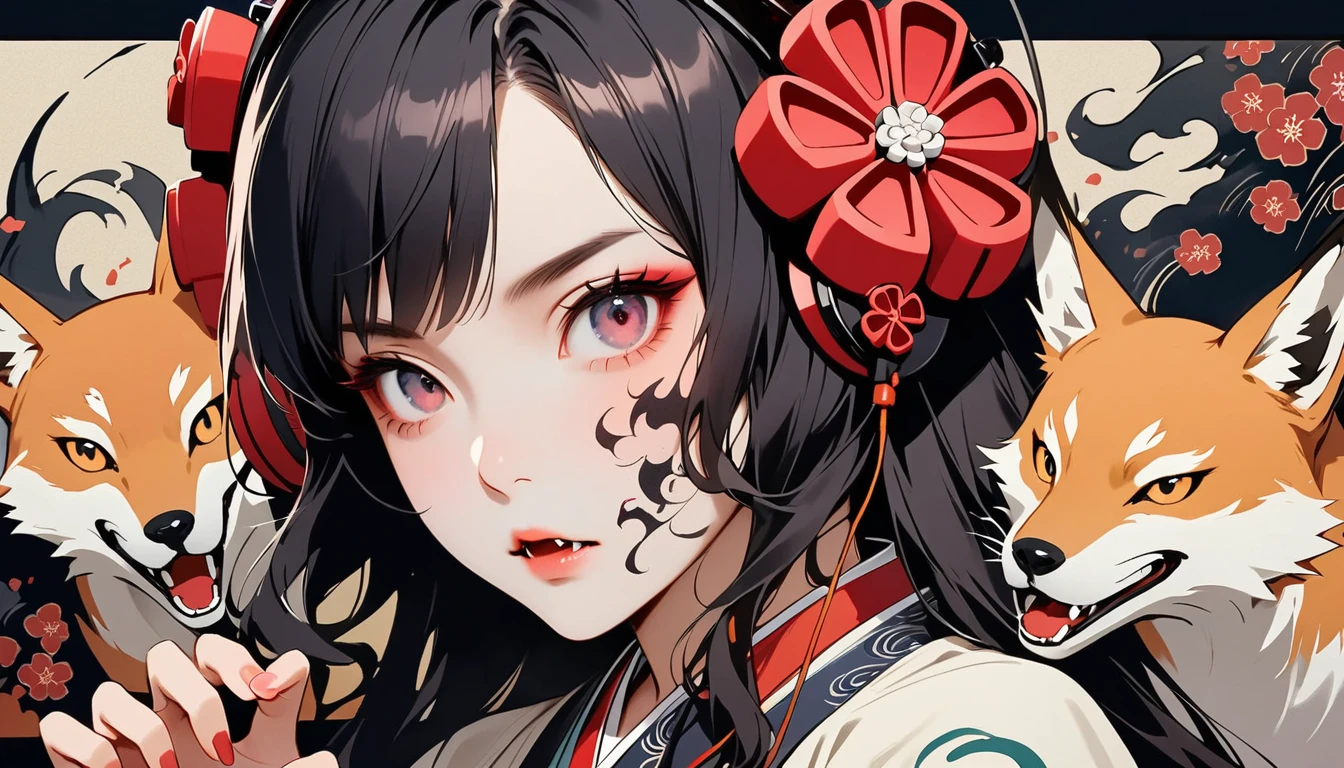 (((Nine-Tailed Fox, Fox, White fur))), (((Horror elements))), (((TATOO on the face))), (((claw pose))), (((Highest quality))), (((Katsushika Hokusai))), (((Ink Painting))), ((very straight longhair)), ((1 girl)), ((Eyes glow red)), ((A beautiful girl possessed by a demon and showing her fangs)), (((Japanese style headphones))), Black Hair, Delicate and precise, Modern ukiyo-e style, head shot