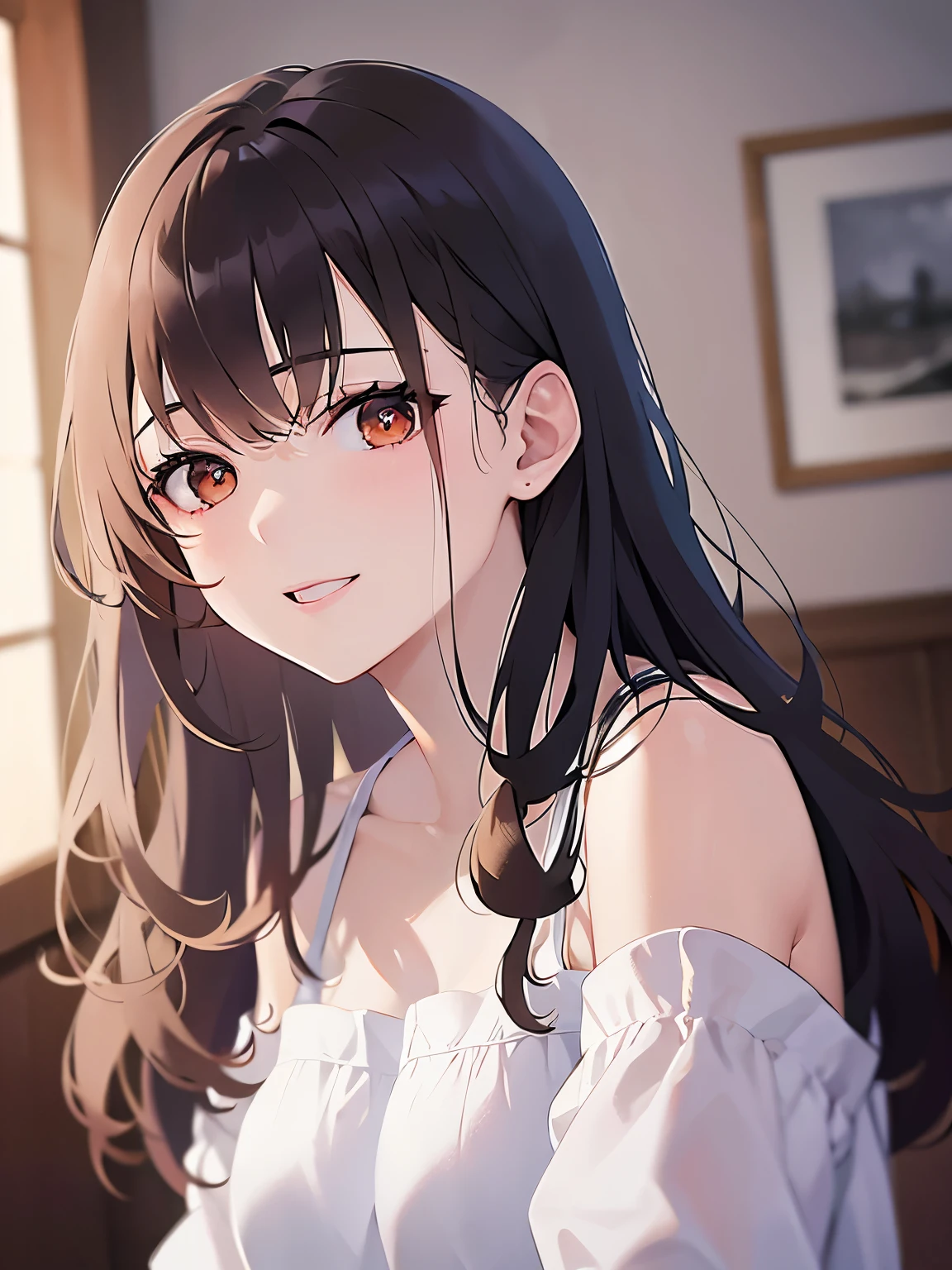 hand on own chin, looking back, Realistic, real person, (pale skin: 1.2), RAW photo, photorealistic, shiny skin, shiny hair、(A 25-year-old woman with medium-length hair and bangs) and (wavy hair) and (brown hair) and (Orange Eyes) , (white) and (off shoulder blouse) 、 (smile:1.3), open mouth、Alone、Are standing、The background is the living room