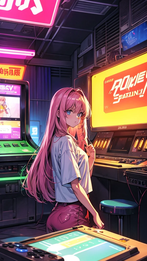 **background**:1990s Game Center、Shiny neon signs and the sounds of gaming consoles
**woman**:Straight Hair、オーバーサイズのTシャツとジーンズを着た若いwomanが、Addicted to the game