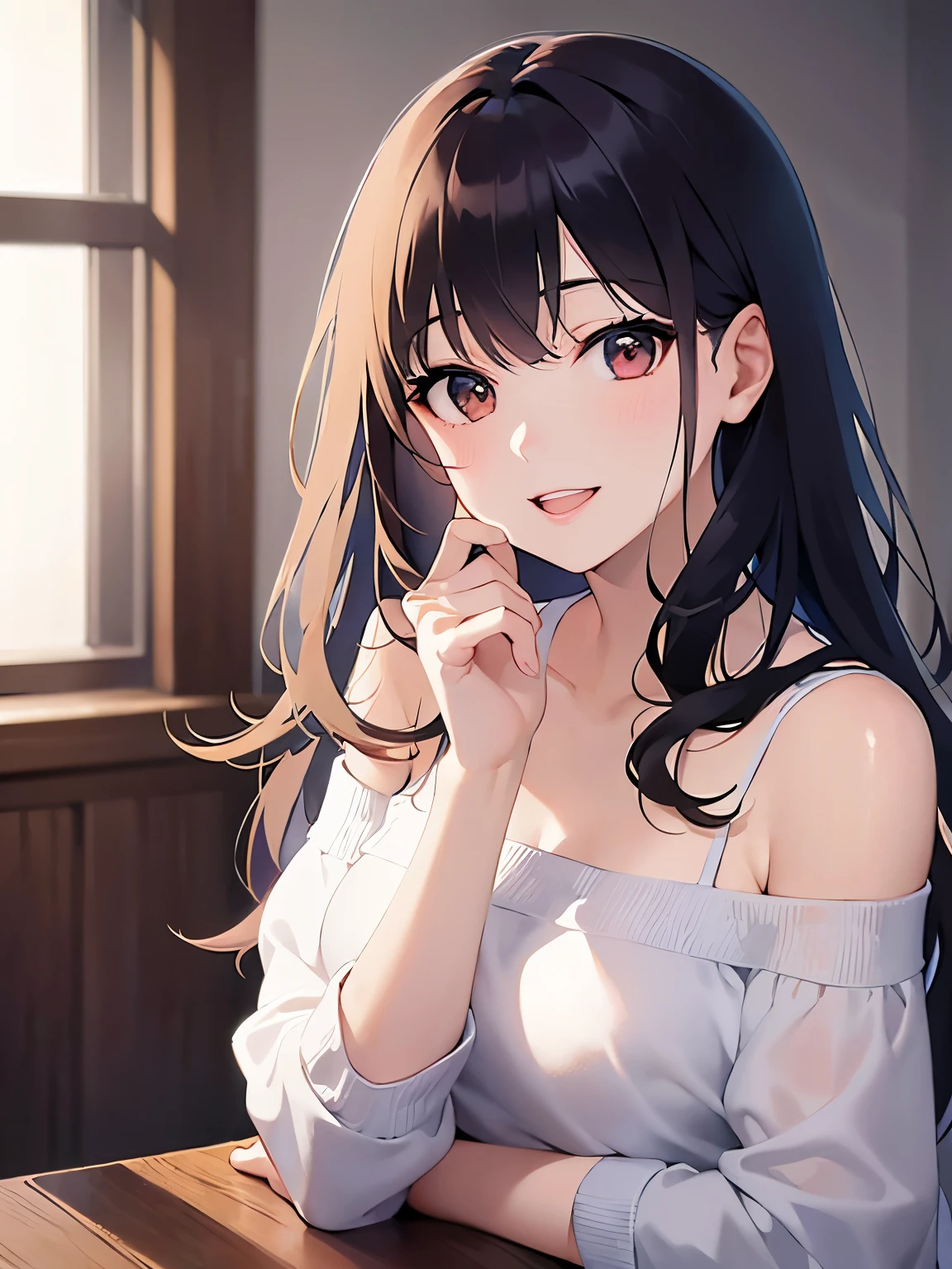 hand on own chin, looking back, Realistic, real person, (pale skin: 1.2), RAW photo, photorealistic, shiny skin, shiny hair、(A 25-year-old woman with medium-length hair and bangs) and (wavy hair) and (brown hair) and (Orange Eyes) , (white) and (off shoulder blouse) 、 (smile:1.3), open mouth、Alone、Are standing、The background is the living room