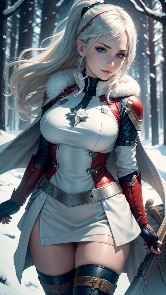 Gwen Tennyson,Captain Marvel,Yorha 2B,Solo girl,Observation and monitoring,Atelier Risa,close up,Winter forest,Viking village,Runic tattoos,Fur and white suit,Viking winter linen shirt,Scarlet Vikings Cape,fur Viking shield,Lycra tight mini skirt, ponytail hair,,Long dress train,Short viking hair,Viking makeup,Blue eyes,Multi-colored silver blonde hair,Fur gloves,Sexy smile,Freckles,beautiful girl,Thigh high fur boots,Big breasts,8K,Very detailed,real,Imagination art,Viking shield,hairpin,ear piercing,(weather:windy),