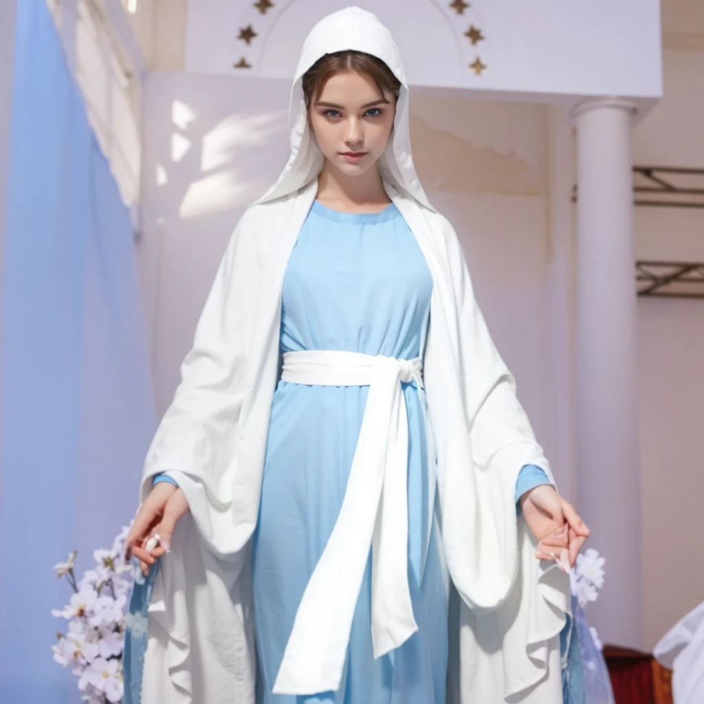 Beautiful woman with light blue eyes wearing blue tunic and white cloak