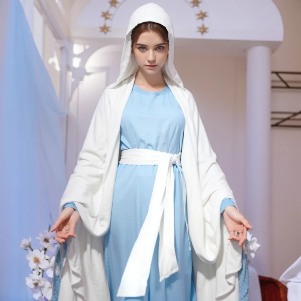 Beautiful woman with light blue eyes wearing blue tunic and white cloak