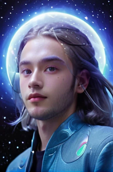 Young light-skinned man, with light blue eyes and long hair, wearing modern clothes. He has a halo with unusual shapes above his head and is floating in space. In the background there are bright stars, spiral galaxies and several planets of different sizes and colors.
