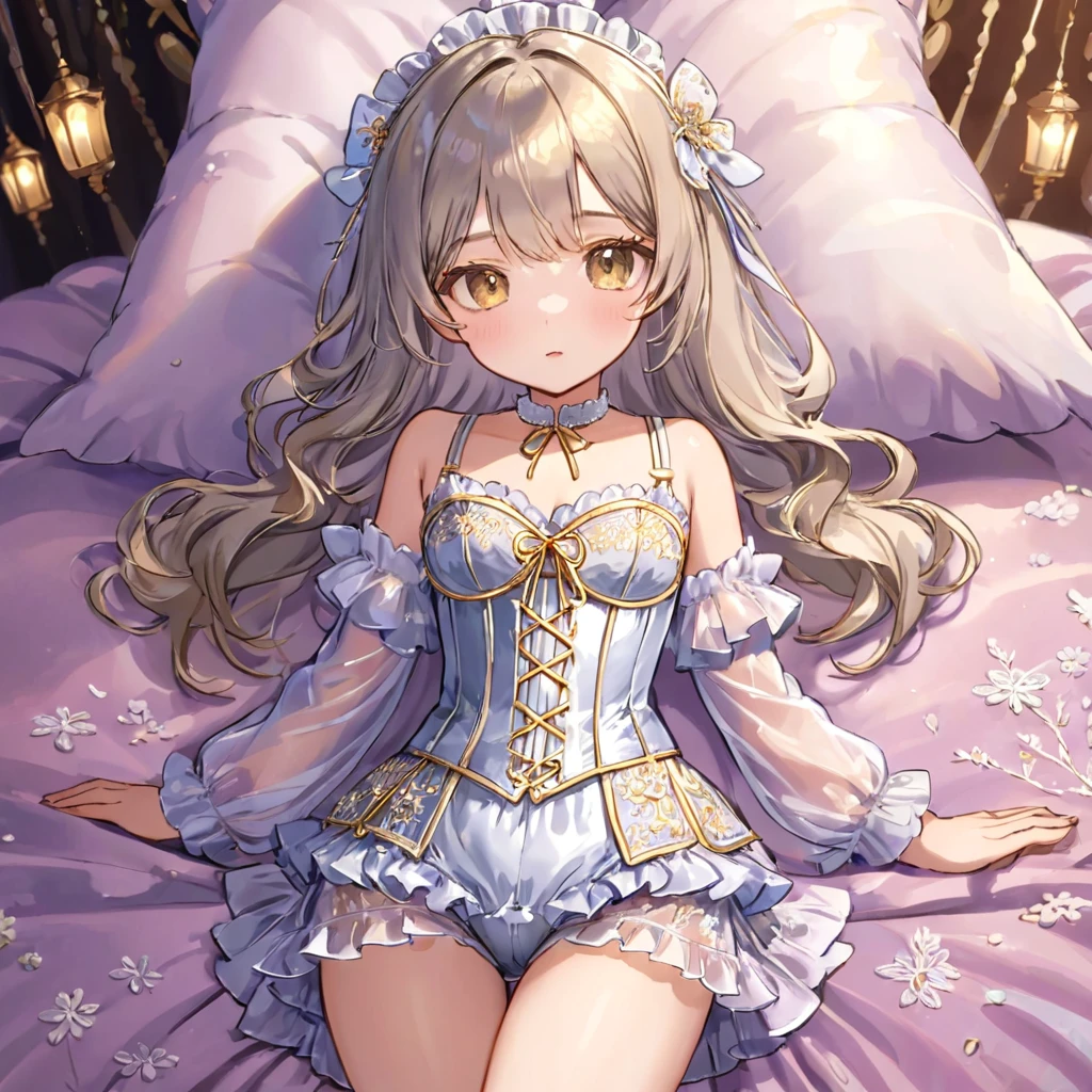 , 1people、Pajamas、Gold and silver thread embroidery、Translucent underwear that reaches below the knee(Bloomers)wear、wear a semi-transparent corset、Translucent slip
