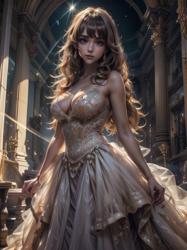 (((Dress Transparent Dress))), (((The dress features a voluminous hoop skirt and a long hem.、A gorgeous, incomparably gorgeous Rococo Victorian gown, Princess style skirt))), (ガウン shine まばゆいばかりに キラキラ 反射する プリズム状 透明 ガウン:1.2), (Gown A very elaborate gown:1.5), ((Huge breasts)), (Expressive hair), Very voluminous、Very long hair, bangs, Super delicate and beautiful face, Beautiful Lips, (Hyper Detail: Delicate and beautiful eyes), Cleavage, Beautiful smile, (((Young Face, Solo Enchanting Adorable Princess, age Girl, pretty girl, very pretty girl))), (Anime Moe Art Style 1.3), (((masterpiece, Super detailed, Highest quality, Ultra-high resolution, Great quality, Exceptional Quality, Super detailed, Ultra-high resolution, Unity 16K, 32k, ultra photo Realistic))), (Face Focus, Eye focus, Realistic, Blurred Background, Lens flare, shine, Light caustic effect:1.5), (Background of the church at night:1.3),
