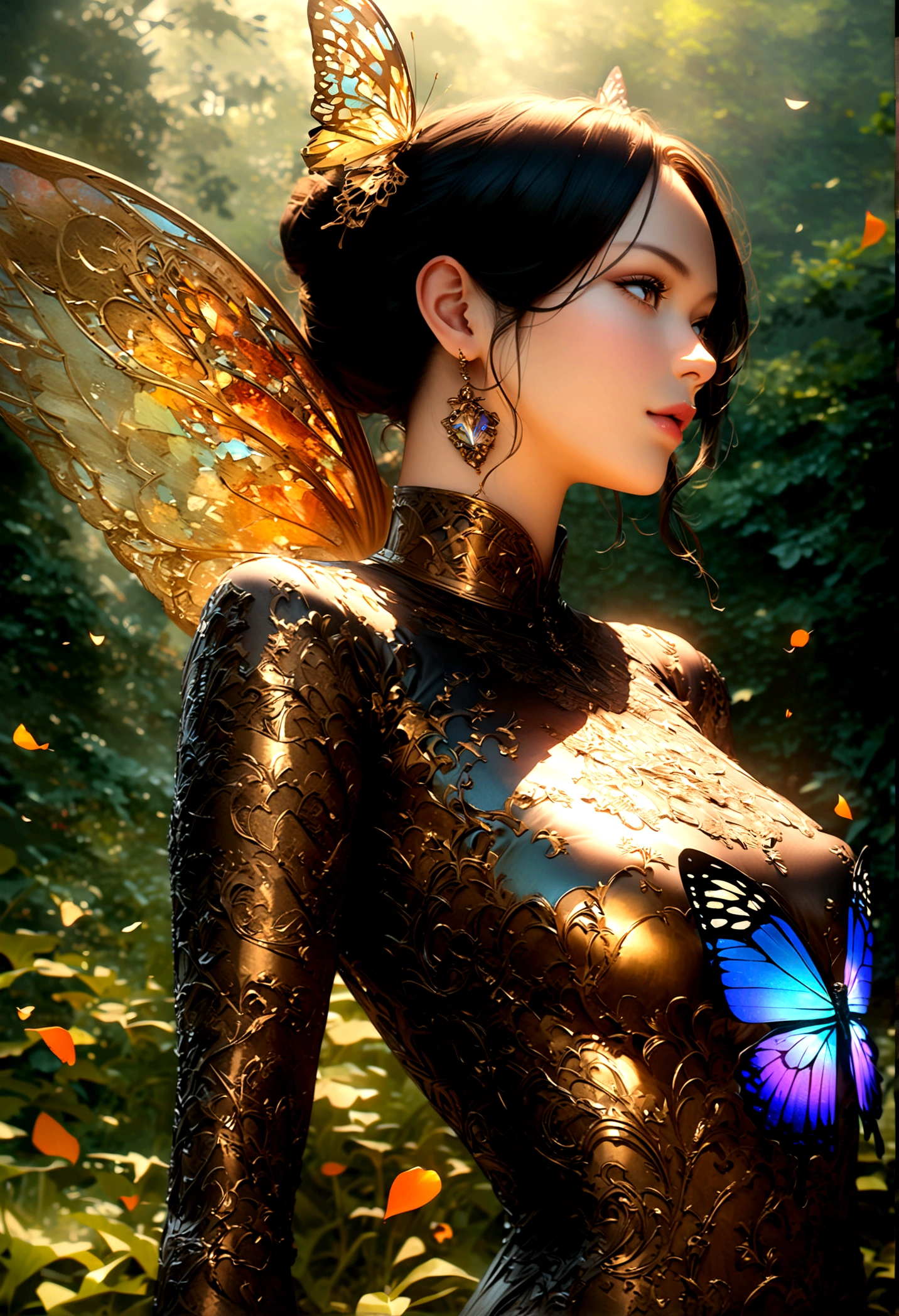 Moonlight,The arrival of spring, Mr.々Beautiful flowers
, A swallowtail butterfly with beautiful iridescent wings,View from below, 空から落ちてくるMr.々A gem, Amazingly beautiful scenery, Slightly hazy, wonderful, High resolution, 8K, (Highest quality, High resolution, Realistic:1.37), Shiny metallic flowers, Intricate and delicate petals, Reflective surface, Vibrant colors, Intricate details, Close-up view, 超Realisticな庭園, 超Realisticな美しさ, Dreamy atmosphere, Fine art, Abstract Plants, Metallic engraving, Contrasting Textures, Mysterious glow