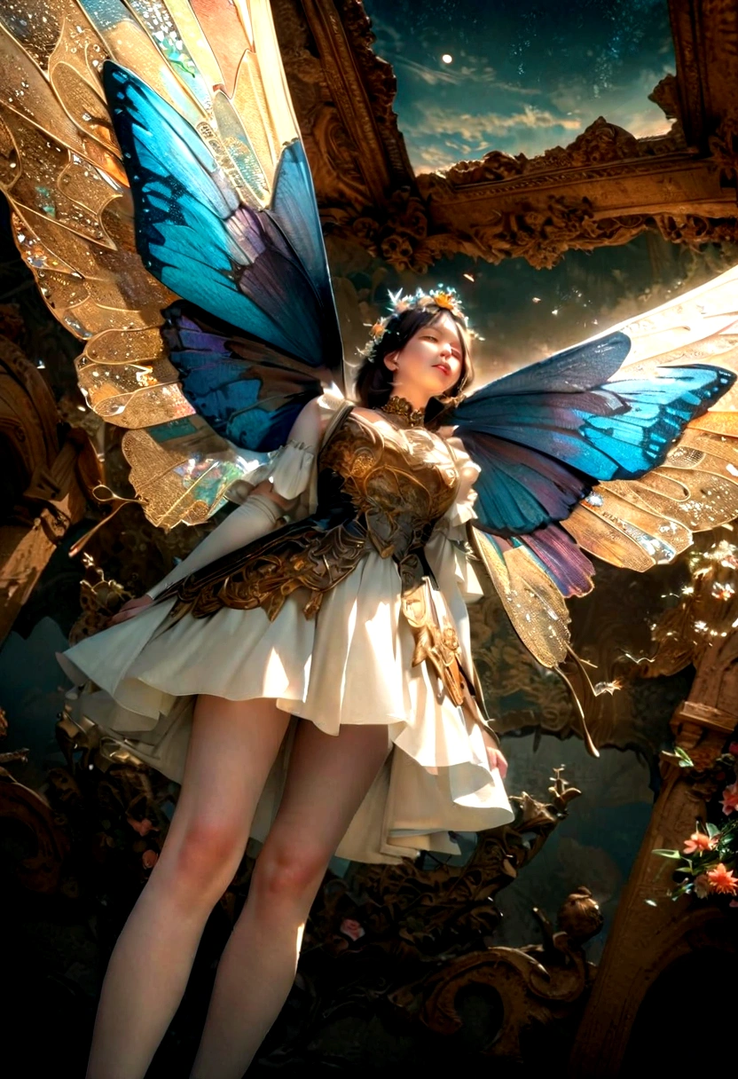Moonlight,The arrival of spring, Mr.々Beautiful flowers
, A swallowtail butterfly with beautiful iridescent wings,View from below, 空から落ちてくるMr.々A gem, Amazingly beautiful scenery, Slightly hazy, wonderful, High resolution, 8K, (Highest quality, High resolution, Realistic:1.37), Shiny metallic flowers, Intricate and delicate petals, Reflective surface, Vibrant colors, Intricate details, Close-up view, 超Realisticな庭園, 超Realisticな美しさ, Dreamy atmosphere, Fine art, Abstract Plants, Metallic engraving, Contrasting Textures, Mysterious glow