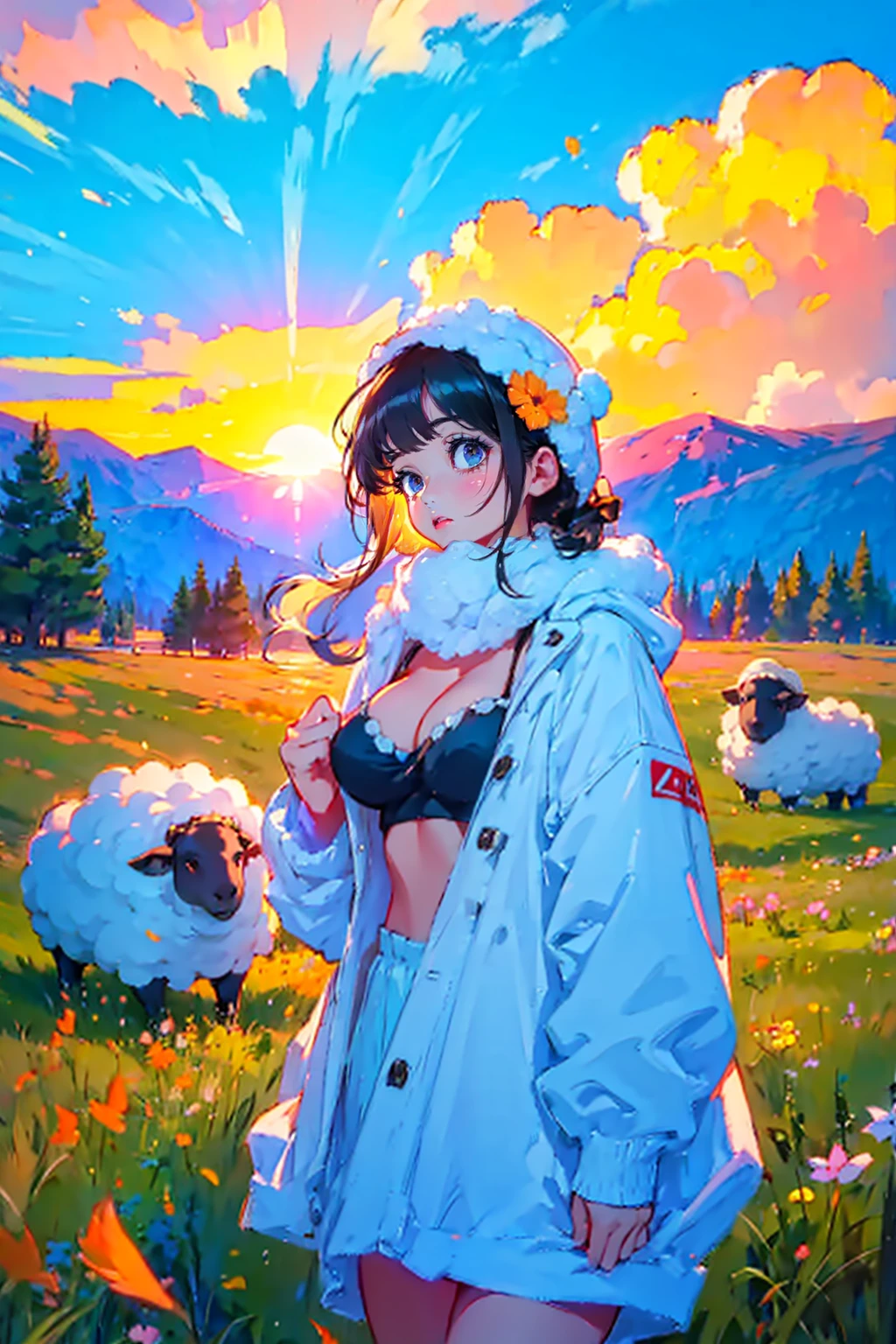 1girl,solo,cute,big breast,cleavage,fluffy clothes,like a sheep girl,outdoor,sunrise