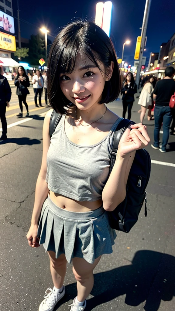 (8K, RAW Photos, 最high quality, masterpiece:1.2), high qualityのRAWカラー写真, Professional photo shoot, Cinematic Light, alone, (((young woman, Gal))), (Sharp features), (Small face), (Skin with attention to detail:1.2), clavicle, Cute face, Beautiful appearance, Long eyelashes,Girl Turning Around, smile, (Black Hair, Bobcut、), Open white shirt、belly button, Very short grey pleated mini skirt, Black sneakers, Backpack, Night Park, Confident attitude, Capture the happy moment, Artistic painting,Attractive thighs, (Very nice touch:1.2),はにかんだsmile), Peaceful atmosphere, Oil painting style, Bright colors, (Are standing:1.5, Night cityscape, Full body portrait), Smooth texture, Gazing Eyes, Beautiful Skin, Shiny skin, ((Perfect Fingers, Five Fingers, Anatomically correct)), Background Blur, high quality, Surreal, ((Very detailed, photo shoot)),Many people々々、blush、plump、White skin、A bag full of stuffed toys、((Selfie))、Beautiful Eyes、Face close-up