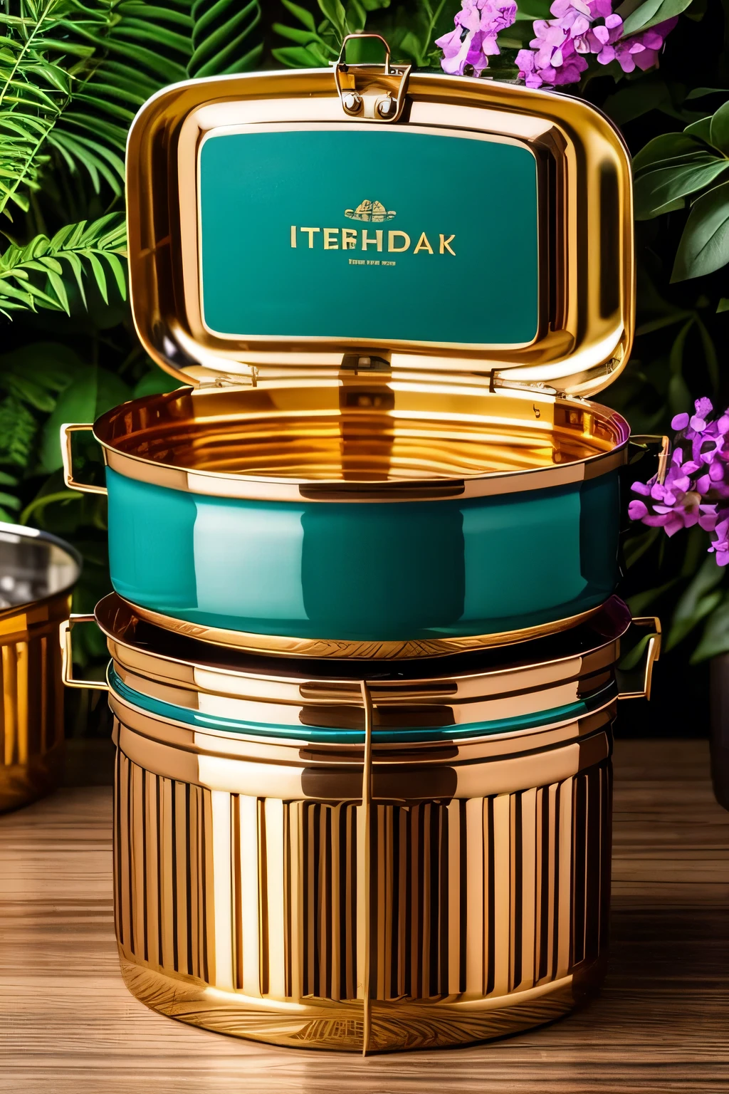 A stunning ethnic 3-layered tiffin box, crafted from high-quality steel, serves as the captivating centerpiece in this vibrant and aesthetically pleasing lunchbox service promotional pamphlet. The tiffin box boasts a rich array of colors, each layer showcasing a vibrant hue that adds to its overall charm and appeal. The box's design is a blend of tradition and modernity, making it a perfect choice for both everyday use and special occasions.

The poster is a visual feast, with the tiffin box taking center stage against a backdrop of lush greenery and vibrant flowers. The lighting is soft and natural, highlighting