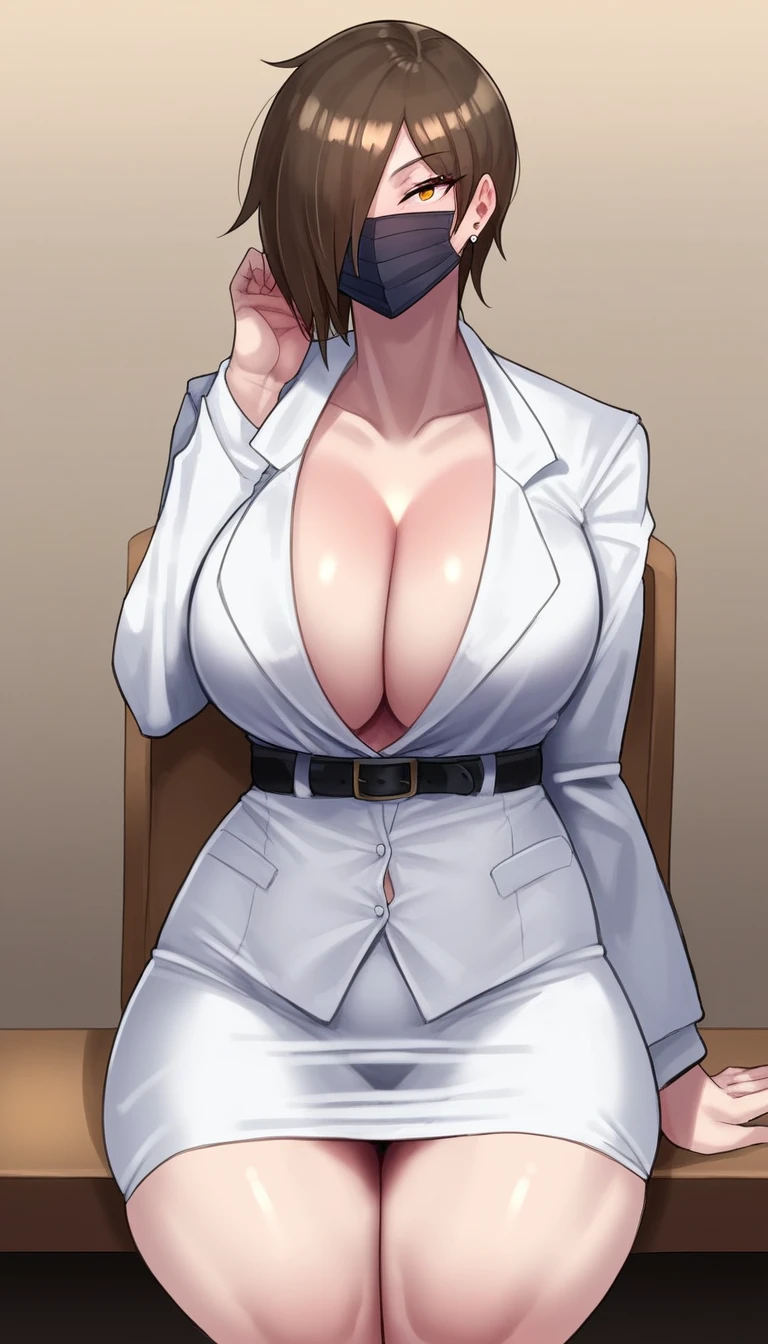 (zPDXL2),  score_9_up, ((adult)), (Human:1.2), (female, tomgirl, tall thin girl), with Center long black hairstyle, (wearing half mask, covers the 1eye), business suit, visible stomach, thigh visible, show legs, scene background, BREAK
 AissistXLv2, unaestheticXL_bp5, SimplePositiveXLv2, zPDXL2 PonyXLV6_Scores