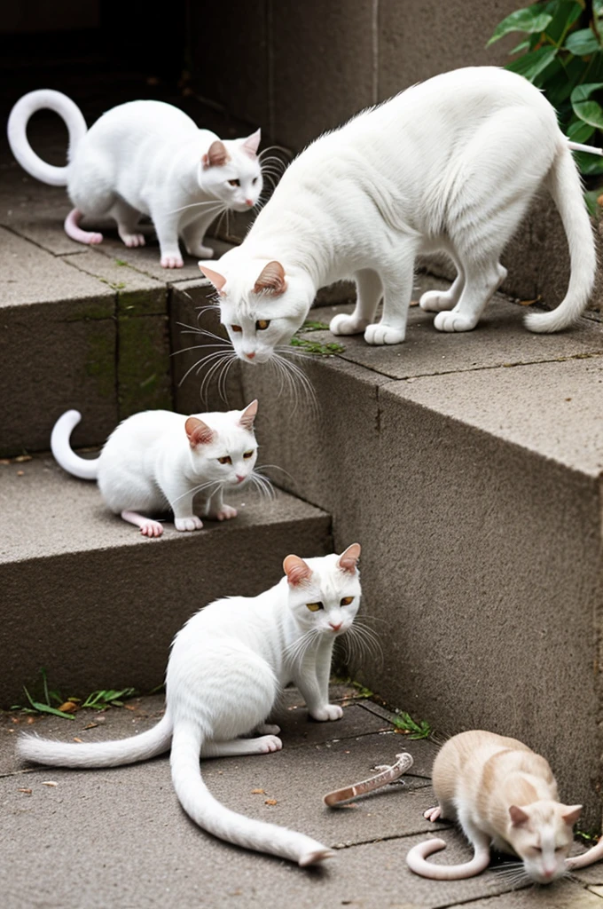 white cat treating the wound of a rat