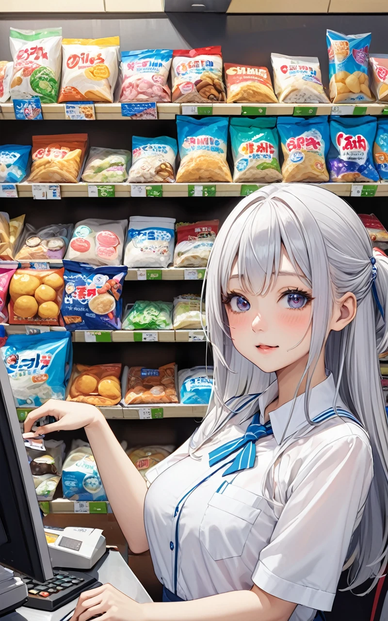 Highest quality、super high quality、16K, Breast size is random、Facial expressions are random、The place is a convenience store、 Hair color is silver hair、The pose is of a person working at the cash register at a convenience store.、The distance is random、Angles are random、Small face、Very delicate facial expressions、Delicate eye depiction、Highly detailed hair、Erotic、18-year-old female、Glowing Skin、Soft Skin、The only sexy Japanese woman、The clothes are random convenience store clerks、1 female、
