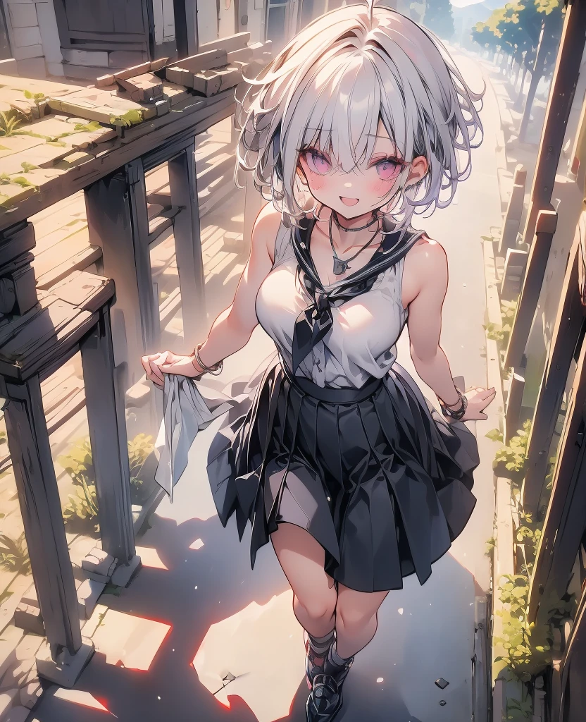 (Highest quality、High resolution、8K、masterpiece:1.2)。Look away、Open your mouth、Pink Eyes、Silver Hair、Heart shaped pupil、teeth、tongue、tongueを出す、（Original Character, (1 Girl)、Perfect Face、((short hair:1.2))、(Hair above one eye:1.3)、[[Disheveled Hair]]、Colorful Hair、Detailed eyes that shine、Light and shadow、Glowing Skin、 (Curvy but slim), ((High angle shot))、Sexy look、Use something sexy、（background：Mountain、岩Mountain、forest、nature）Full body、bracelet、necklace、Wild 、Wild childスタイル、Disheveled clothes、sunglasses、Follow the Silver Wolf、Tarzan、natureで育った、