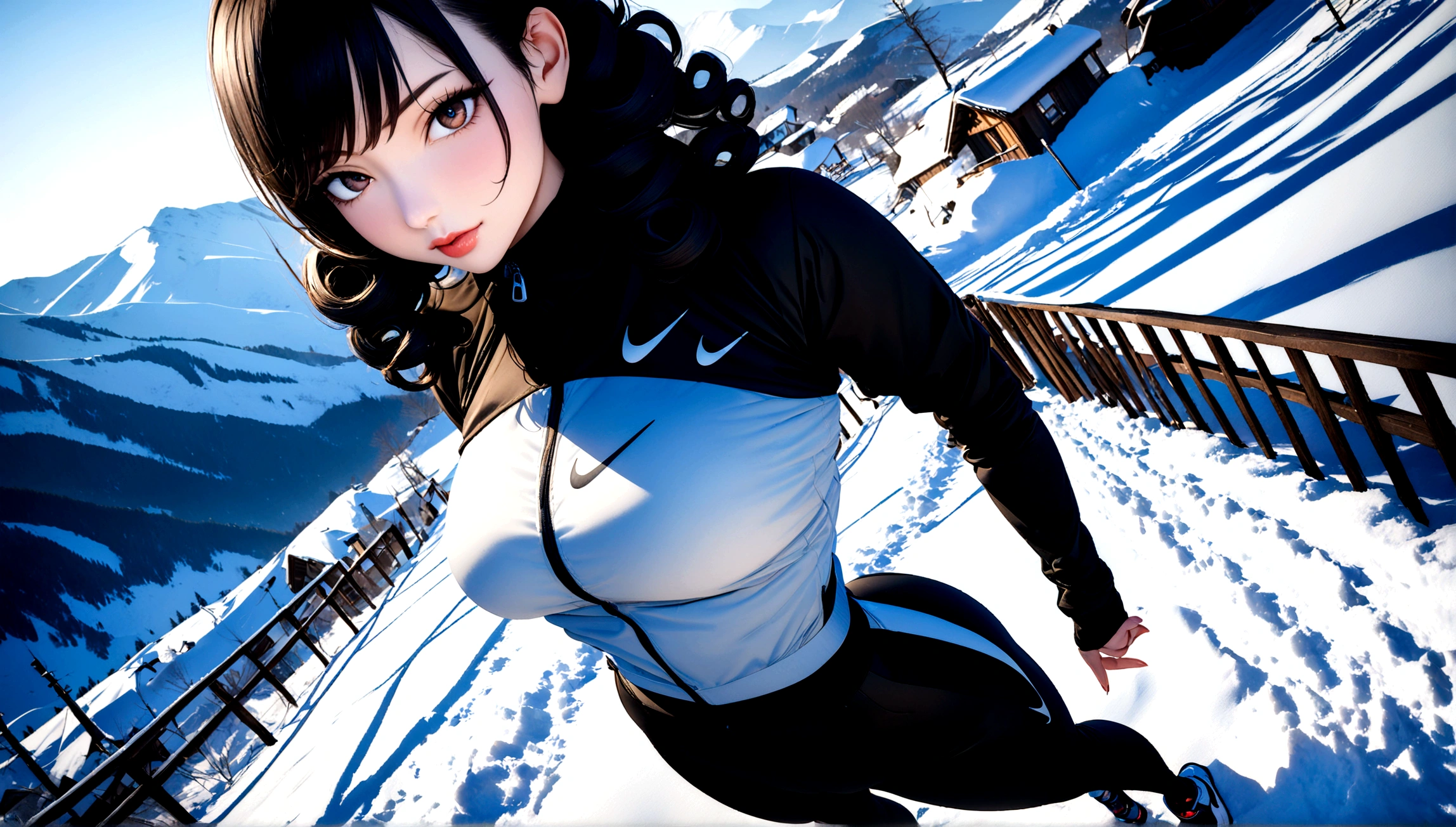 (top-quality, 8k, Masterpiece artwork: 1.3) A photo of a woman with curly black hair, in a dynamic heeled pose, wearing a Nike outfit, in a snowy ski resort during winter, taken with a wide-angle lens, detailed and highly detailed skin, bright lighting of reflected snow