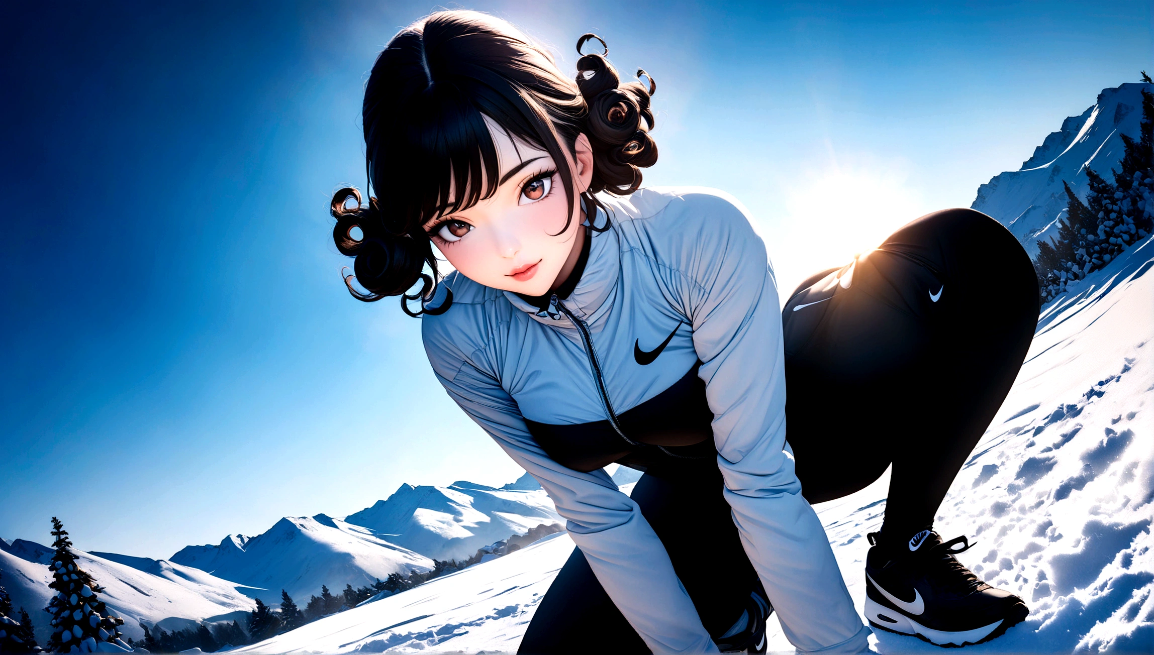 (top-quality, 8k, Masterpiece artwork: 1.3) A photo of a woman with curly black hair, in a dynamic heeled pose, wearing a Nike outfit, in a snowy ski resort during winter, taken with a wide-angle lens, detailed and highly detailed skin, bright lighting of reflected snow
