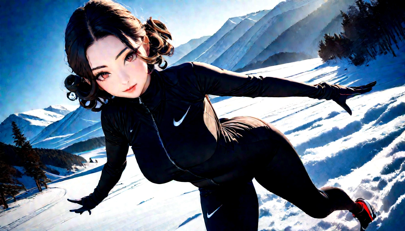 (top-quality, 8k, Masterpiece artwork: 1.3) A photo of a woman with curly black hair, in a dynamic heeled pose, wearing a Nike outfit, in a snowy ski resort during winter, taken with a wide-angle lens, detailed and highly detailed skin, bright lighting of reflected snow