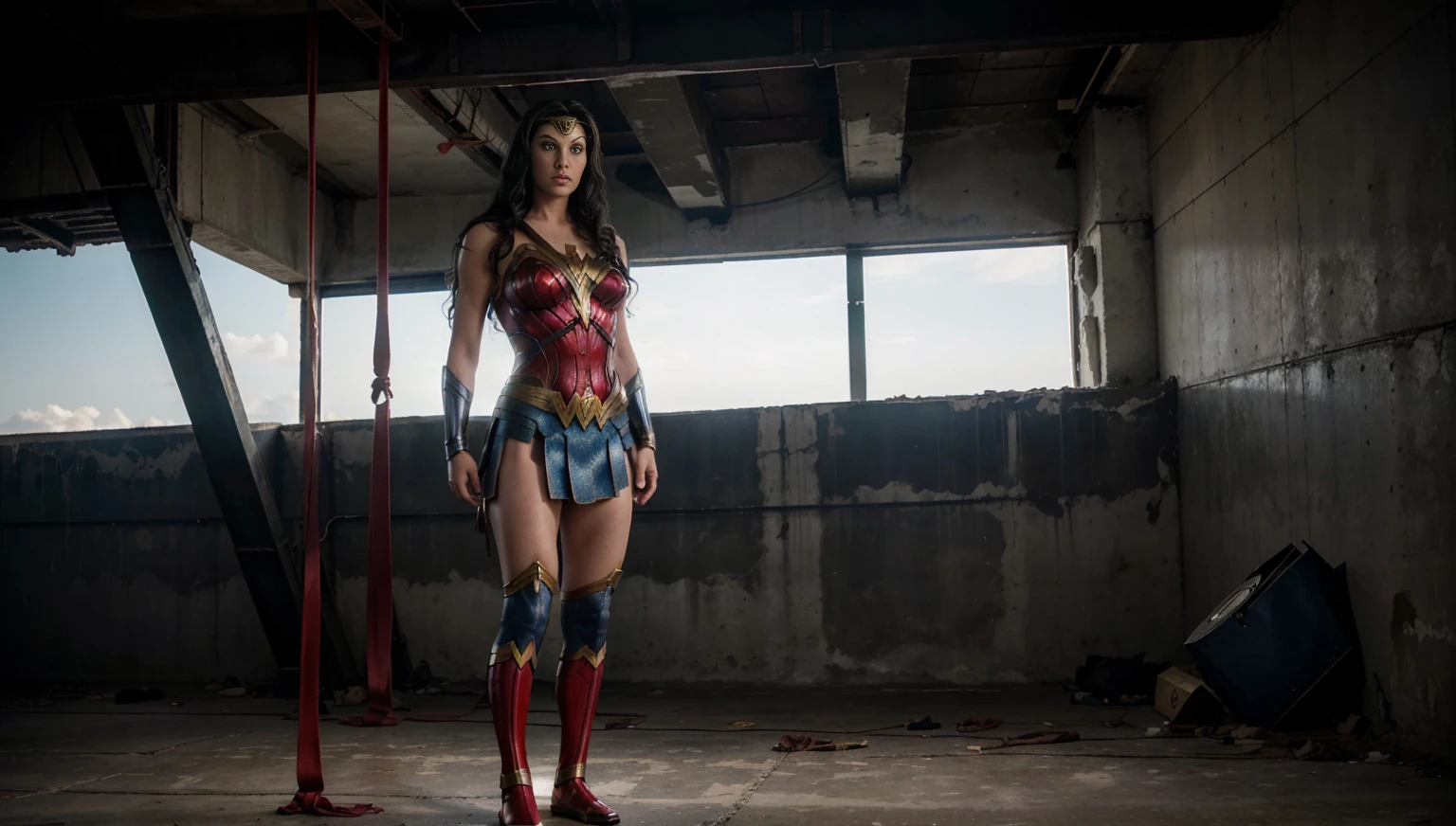 ((Full-length photo, standing, feet on the ground))Wonder Woman tied up and restrained. The image should portray Wonder Woman in a state of helplessness, with ropes or straps binding her arms and legs to the ground. Wonder Woman should have a serious or frustrated expression on her face, as if she's eager to break free but unable to do so. The image should have a dark and dramatic tone, with Wonder Woman's iconic red and blue costume standing out against a bleak and dystopian background. The image should convey a sense of tension and suspense, making the audience wonder just who captured and restrained Wonder Woman.