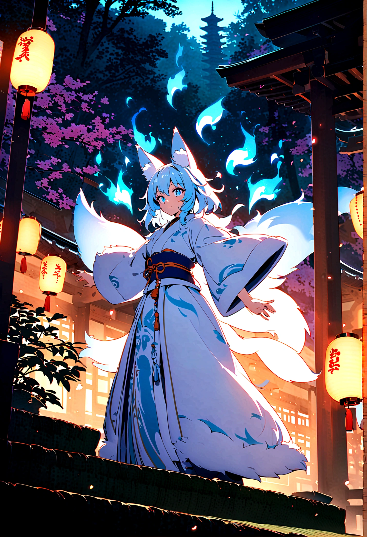 fox Light blue hair beast girl indigo fur fox beast girl fox Light blue hair beast girl indigo fur fox beast girl Wallpaper 4k,8k,highly detailled,,vivid colors,detailed kitsune with 9 tails,traditional Japanese artwork,tatami floor,beautiful cherry blossoms,floating lanterns,dark silhouette of a pagoda,subtle moonlight,dense forest,ethereal atmosphere,dappled sunlight,whimsical spirit,serene expression,elaborate kimono and obi,delicate hand-painted details,luminous eyes Anime Style fox blue White-faced golden-haired nine-tailed fox Coat blue fox Light blue hair beast girl indigo fur fox beast girl Anime Style fox blue White-faced golden-haired nine-tailed fox Coat blue mysterious background Blue Flame girl have a ball of light fox Light blue hair beast girl indigo fur fox beast girl mysterious background Blue Flame girl have a ball of light Anime Style fox blue White-faced golden-haired nine-tailed fox Coat blue mysterious background Blue Flame girl have a ball of light
