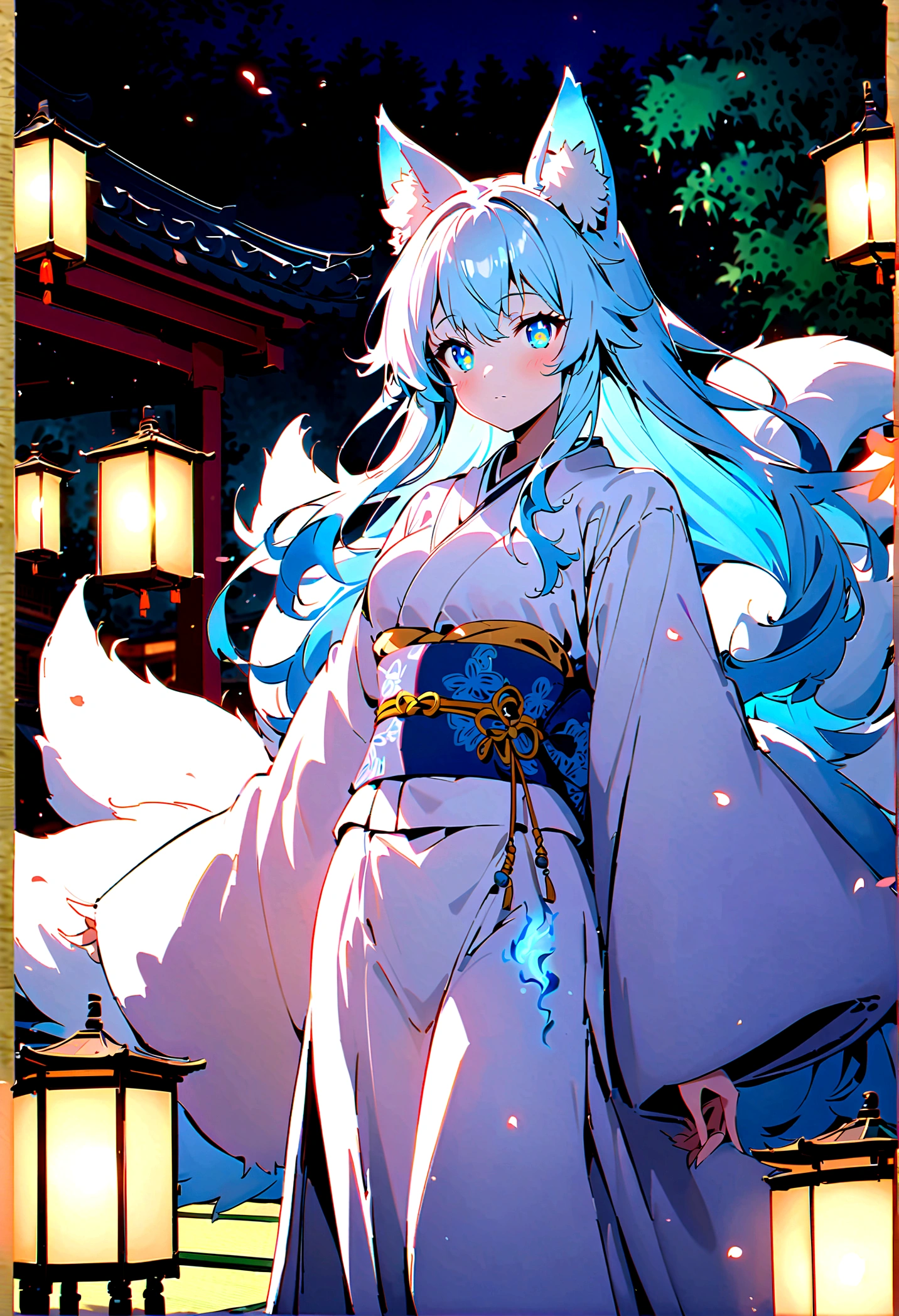 fox Light blue hair beast girl indigo fur fox beast girl fox Light blue hair beast girl indigo fur fox beast girl Wallpaper 4k,8k,highly detailled,,vivid colors,detailed kitsune with 9 tails,traditional Japanese artwork,tatami floor,beautiful cherry blossoms,floating lanterns,dark silhouette of a pagoda,subtle moonlight,dense forest,ethereal atmosphere,dappled sunlight,whimsical spirit,serene expression,elaborate kimono and obi,delicate hand-painted details,luminous eyes Anime Style fox blue White-faced golden-haired nine-tailed fox Coat blue fox Light blue hair beast girl indigo fur fox beast girl Anime Style fox blue White-faced golden-haired nine-tailed fox Coat blue mysterious background Blue Flame girl have a ball of light fox Light blue hair beast girl indigo fur fox beast girl mysterious background Blue Flame girl have a ball of light Anime Style fox blue White-faced golden-haired nine-tailed fox Coat blue mysterious background Blue Flame girl have a ball of light