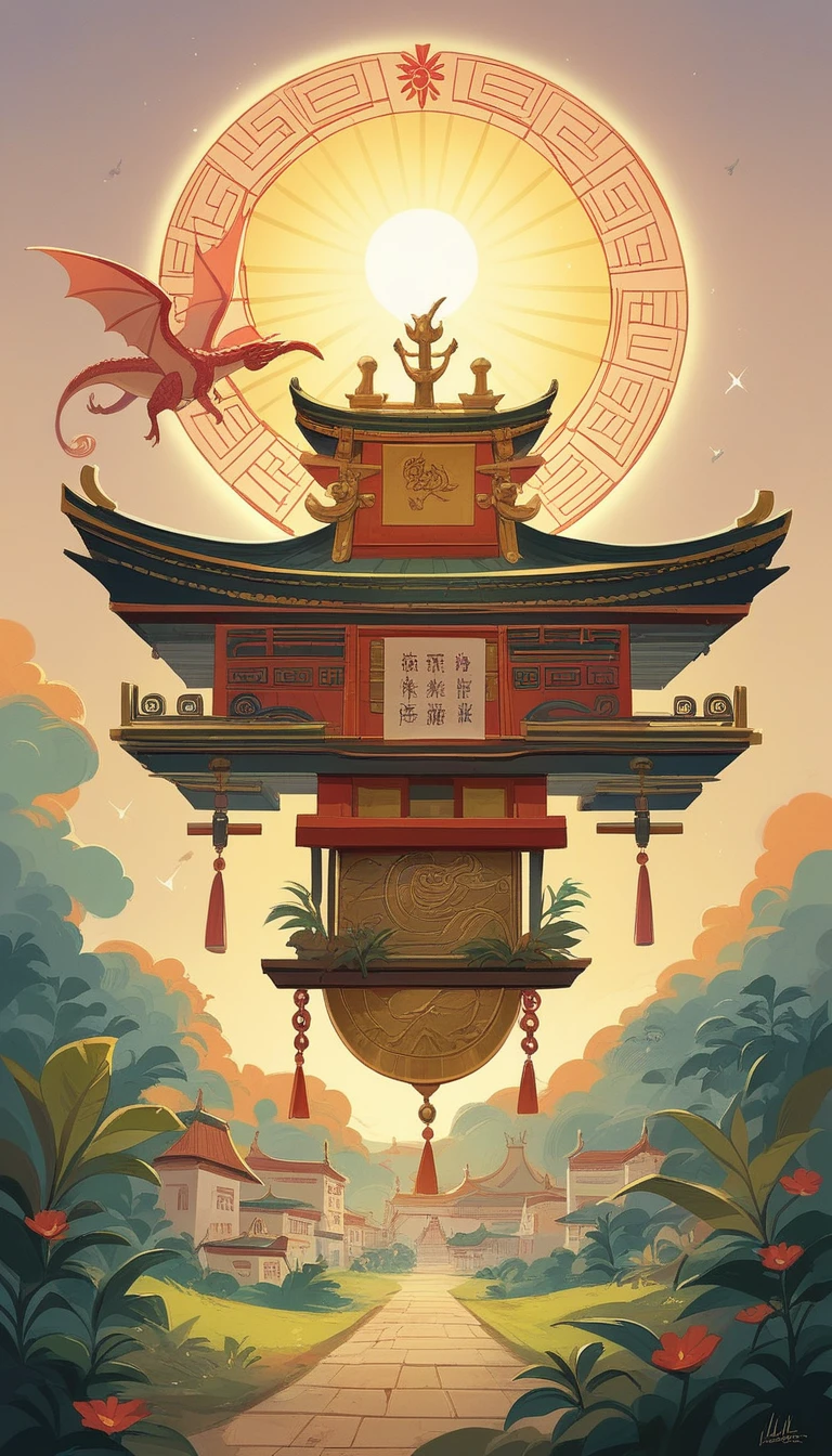 In an ancient and mysterious courtyard, a golden dragon hovers in the air, surrounded by auspicious clouds and halos. The dragon's eyes reveal wisdom and power, and its scales sparkle in the sun. The ancient buildings and plants in the courtyard appear particularly quiet, as if telling a thousand-year-old story. The whole picture is full of fantasy, which makes people intoxicated.
