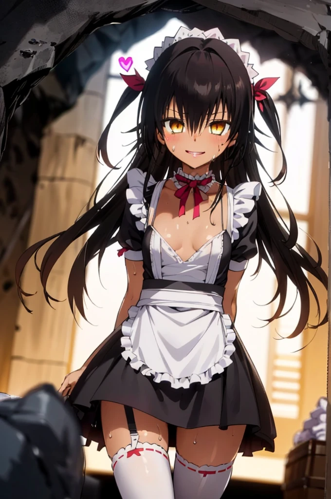 1girl, aster nemesis, dark-skinned female, black hair, very long hair, yellow eyes, flat chest , twin tails, looking at viewer, (((dark cave))), , tanned body,(((Sweating))), ,,***,,smile,,(spoken heart),(((maid costume))),miniskirt,thighhighs,cowboy shot