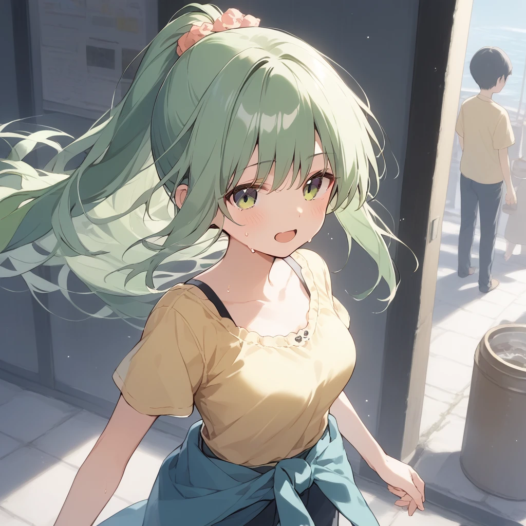 score_9, score_8_up, score_7_up, source_anime, best quality, masterpiece, official art, absurdres, highres, ultra-detailed,waifu2x,Collection: Slice of Life,break,1girl, sonozakimion,green eyes,green hair,long hair,ponytail,medium breasts,clothes around waist, yellow shirt,pants,sweat, open mouth, sleepily,  outdoors, wind,break,(clear line illustration:1.2), super detailed skin,very high resolution, very aesthetic, Best sexual lighting powered by famous artist, 8k,cute picture,beauty illustration,photoshop_(medium),,(Detailed Lighting),best anime 8k konachan wallpaper, pixiv contest winner, 