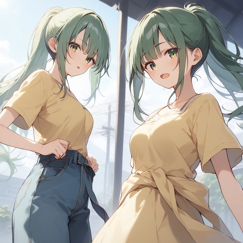 score_9, score_8_up, score_7_up, source_anime, best quality, masterpiece, official art, absurdres, highres, ultra-detailed,waifu2x,Collection: Slice of Life,break,1girl, sonozakimion,green eyes,green hair,long hair,ponytail,medium breasts,clothes around waist, yellow shirt,pants,sweat, open mouth, sleepily,  outdoors, wind,break,(clear line illustration:1.2), super detailed skin,very high resolution, very aesthetic, Best sexual lighting powered by famous artist, 8k,cute picture,beauty illustration,photoshop_(medium),,(Detailed Lighting),best anime 8k konachan wallpaper, pixiv contest winner, 