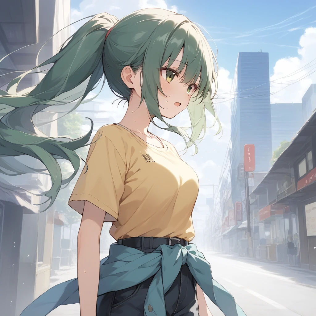 score_9, score_8_up, score_7_up, source_anime, best quality, masterpiece, official art, absurdres, highres, ultra-detailed,waifu2x,Collection: Slice of Life,break,1girl, sonozakimion,green eyes,green hair,long hair,ponytail,medium breasts,clothes around waist, yellow shirt,pants,sweat, open mouth, sleepily,  outdoors, wind,break,(clear line illustration:1.2), super detailed skin,very high resolution, very aesthetic, Best sexual lighting powered by famous artist, 8k,cute picture,beauty illustration,photoshop_(medium),,(Detailed Lighting),best anime 8k konachan wallpaper, pixiv contest winner, 