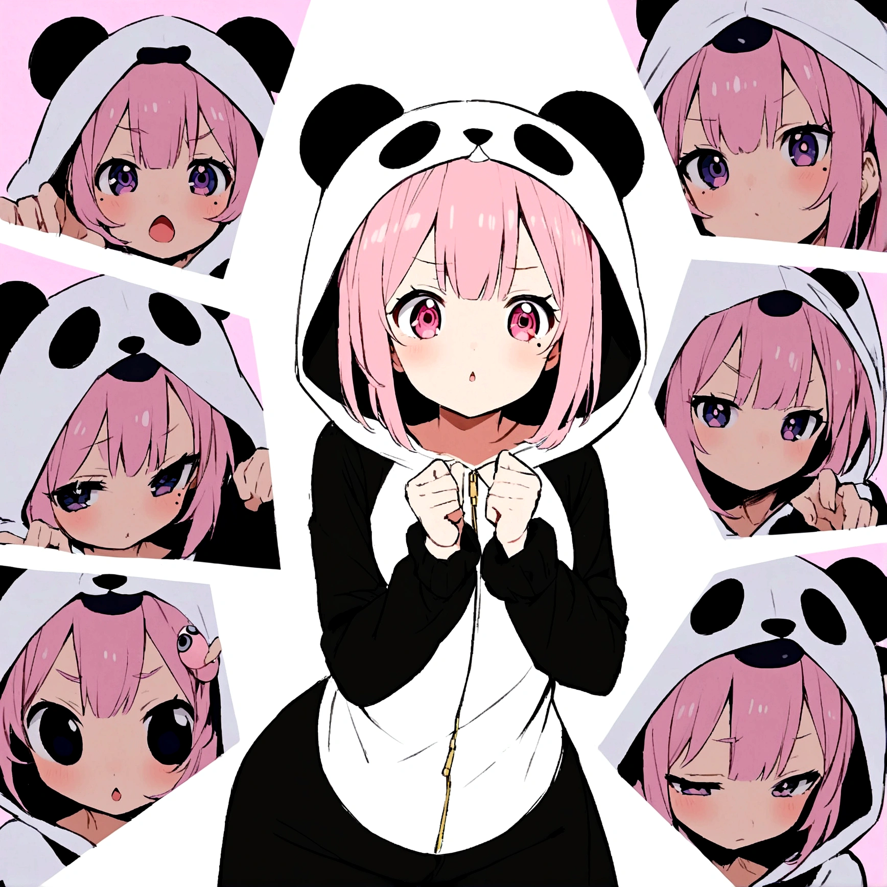 anime、Girl in panda costume、Pink Hair、Mole under the eye、Pink eyeball、Cute pose