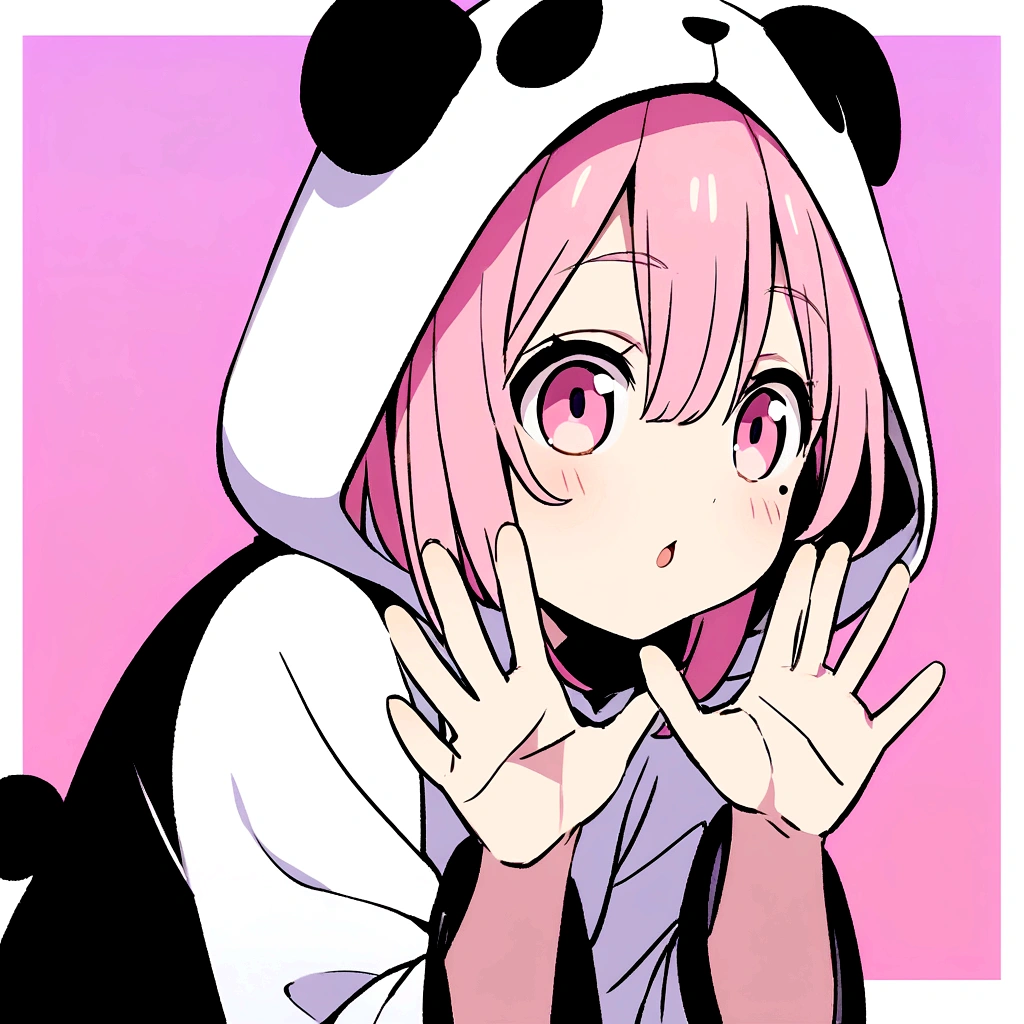 anime、Girl in panda costume、Pink Hair、Mole under the eye、Pink eyeball、Cute pose