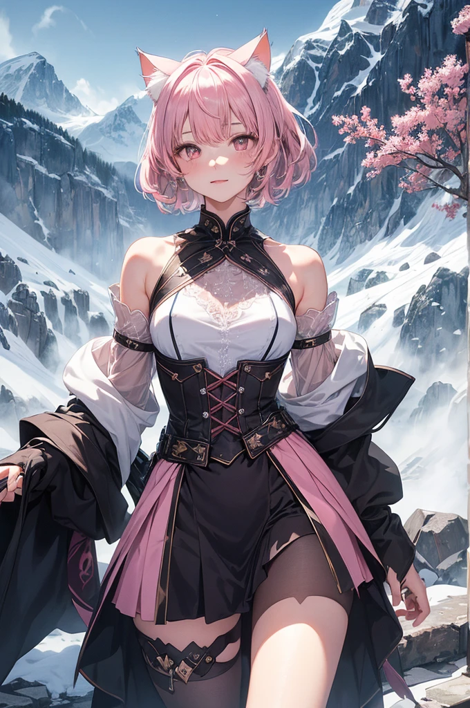 beautiful details한 소녀, clear and beautiful, glowing skin, female, no, young, 20 years, Short hair, Short hair, silver hair, ((turkish costume, Costume main color white, Secondary color pink )) beautiful details, warm face, beautiful and delicate eyes, middle 가슴, brown eyes, real skin texture, Very nice 8KCG wallpaper, Very cool 8K CG wallpaper, Watercolor (middle), female warrior, (((cat ears))), (((dark, dark Night, midnight))) (((nature background, mountain, wood))), ((outdoors)), upper body cut, holding a sword in his hand, The costume is white
