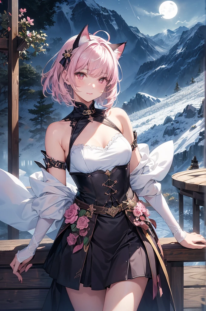 beautiful details한 소녀, clear and beautiful, glowing skin, female, no, young, 20 years, Short hair, Short hair, silver hair, ((turkish costume, Costume main color white, Secondary color pink )) beautiful details, warm face, beautiful and delicate eyes, middle 가슴, brown eyes, real skin texture, Very nice 8KCG wallpaper, Very cool 8K CG wallpaper, Watercolor (middle), female warrior, (((cat ears))), (((dark, dark Night, midnight))) (((nature background, mountain, wood))), ((outdoors)), upper body cut, holding a sword in his hand, The costume is white
