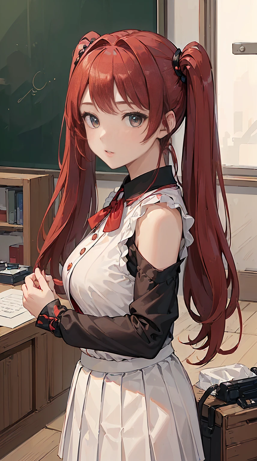 (((Masterpiece,detailed, super high quality,In 4K,Highest qualityの高品質:1.5))), (extremely detailed, Finely detaileded:1.3), (Attractive photos,Highest quality, In 4K, 8K, High resolution,Precise human body:1.3),(Boobs Close-up),whole body,Tsundere,(Beautiful woman,Beautiful face line,Feminine body lines,Beautiful red hair,Twin tails,Beautiful brown eyes)(Huge boobs,impossible cloth)(looking at the camera)(Perfect garment,,White shirt,Mini Pleated Skirt,taut cloth,undersized,),classroom