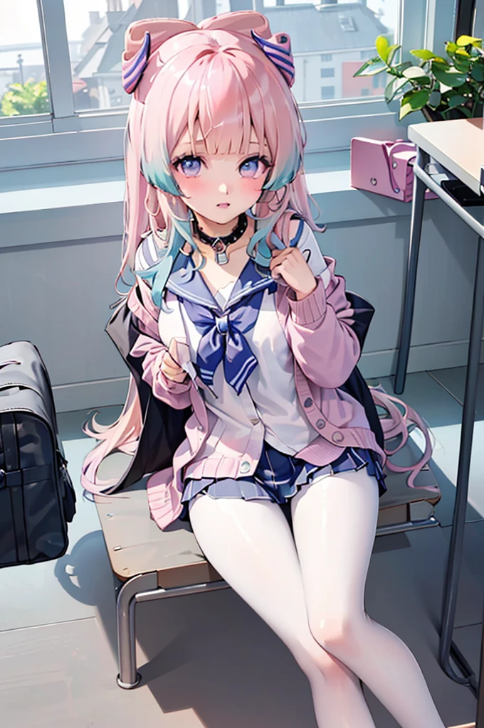 (1girl: 1.2), (classroom: 1.2), (school_uniform: 1.2), (long_hair: 1.2), (school_bag: 1.1), (bag: 1.1), (twintails: 1.1), (sailor_collar), (serafuku), (chalkboard), looking_at_viewer, indoors, shirt, chair, neckerchief, long_sleeves, red_neckerchief, low_twintails, off_shoulder, window, white_legwear, white_shirt, black_sailor_collar, blue_sailor_collar, breasts, pantyhose, bangs, sitting, jacket, blush, open_clothes, thighs, arm_support, open_jacket, medium_breasts, charm_(object), collarbone, parted_lips, very_long_hair, cardigan, day, hair_ornament,