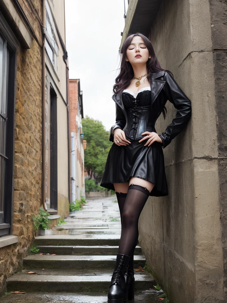 A beautiful woman, gothic, 19th century Victorian style gothic clothing inspired by anime, in an alley, rebellious, looking at the sky, closing her eyes, /(top focus), water hitting her face, short skirt, blouse, corset, stockings , leather gloves, leather jacket, hair, extremely long hair tied up, platform boots, necklace, hair clip, gold jewelry, in the rain, cloudy sky, leaning on a wall, on the side of a window, plant go down, stand on a step,
