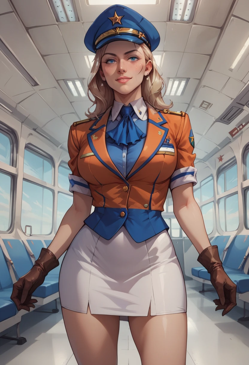 score_9, score_8_up, score_7_up, BREAK extremely detailed, 2d, solo, stewardess, blue blouse, white skirt, gloves, cap, (smile:0.5), indoors, airport, facing viewer, frontal image.