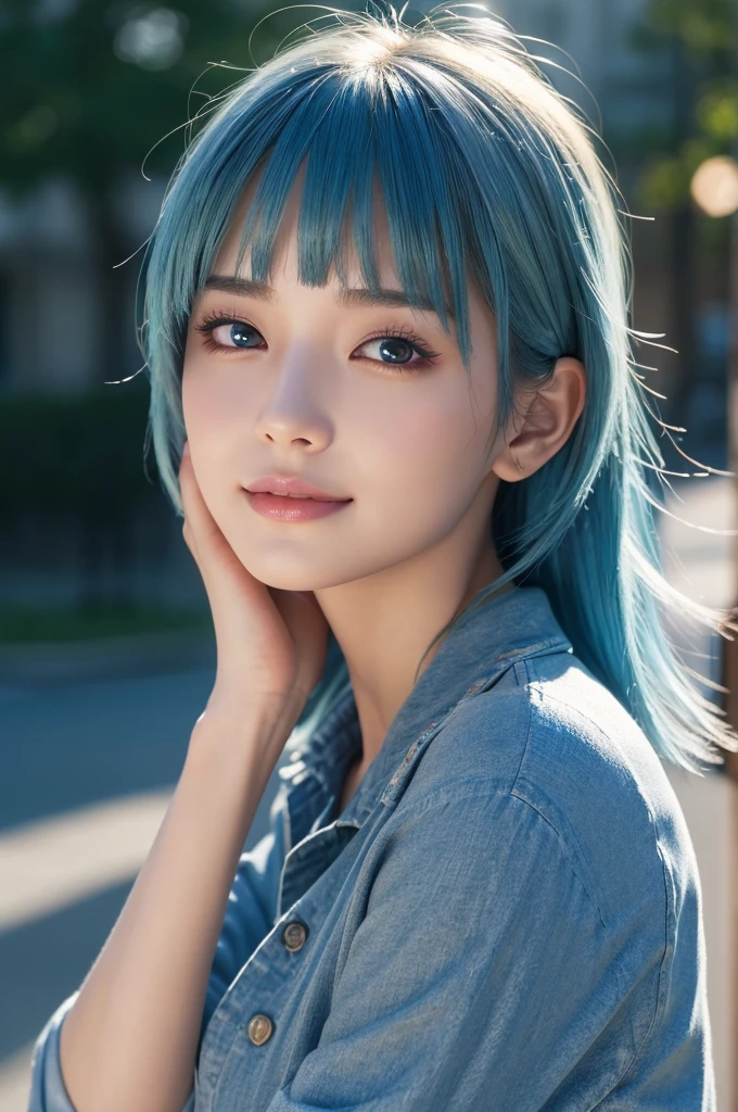 8K, Super Beauty(Like the real thing),big, (summer casual),( casual outfit:1.2), Perfect Anatomy,charm, Detailed Background, Written boundary depth, Volumetric lighting, Sharp focus, Absurd, Realistic proportions, Excellent anatomy, (Realistic, 超Realistic:1.4), 16k hdr, smile, smile, midnaight, dark night, moon, stars, High resolution,super Realistic 肌,super beautiful expression, Wind effects:1.9、Cloud Effect:1.2、Full Rendering、プロ品質のHigh resolution、Perfect contrast、Perfect lighting、Perfect composition、Perfect Skin、Perfect Fingers、Perfect Hair、Perfect Face、Realistic facial features,Highest quality,Slim figure,Perfect body line,完璧なhandの造形,Anatomical Body Balance,Highly detailed face,Highly detailed eyes,Beautiful Lips,Excellent light particles,Cinema Lighting,compensate,超High resolution,Ultra-Realistic Skin, (blue hair:1.2), pixie hair, (short bangs:1.3), 派handなアクシヲンポーズ,Sharp Eyes,hand,