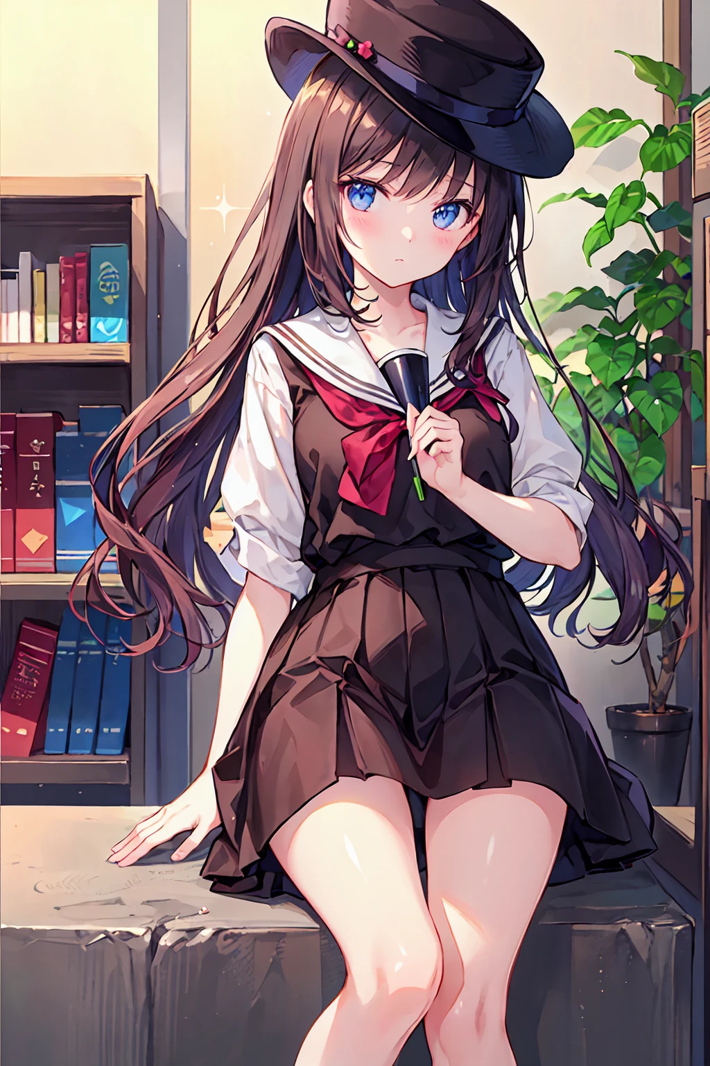 (）Best Picture Quality, most details，The most lifelike),(hdt，Personalized makeup， Pleated skirt，Blunt bangs cover the forehead,The single braid hangs down the chest，Medium milk，Brown eyes，black，/Brown hair high ponytail),(The best light and shadow, Sorrisos，Brown eyes)，(Role diagram), Hair gradients(+High horsetail:1.2)，with a simple background，Camisa blanca， Knee， White sock， Pleated skirt， hair bangs， black sailor collar， neckline， a black skirt， LONG SLEEVES， Library， sits、