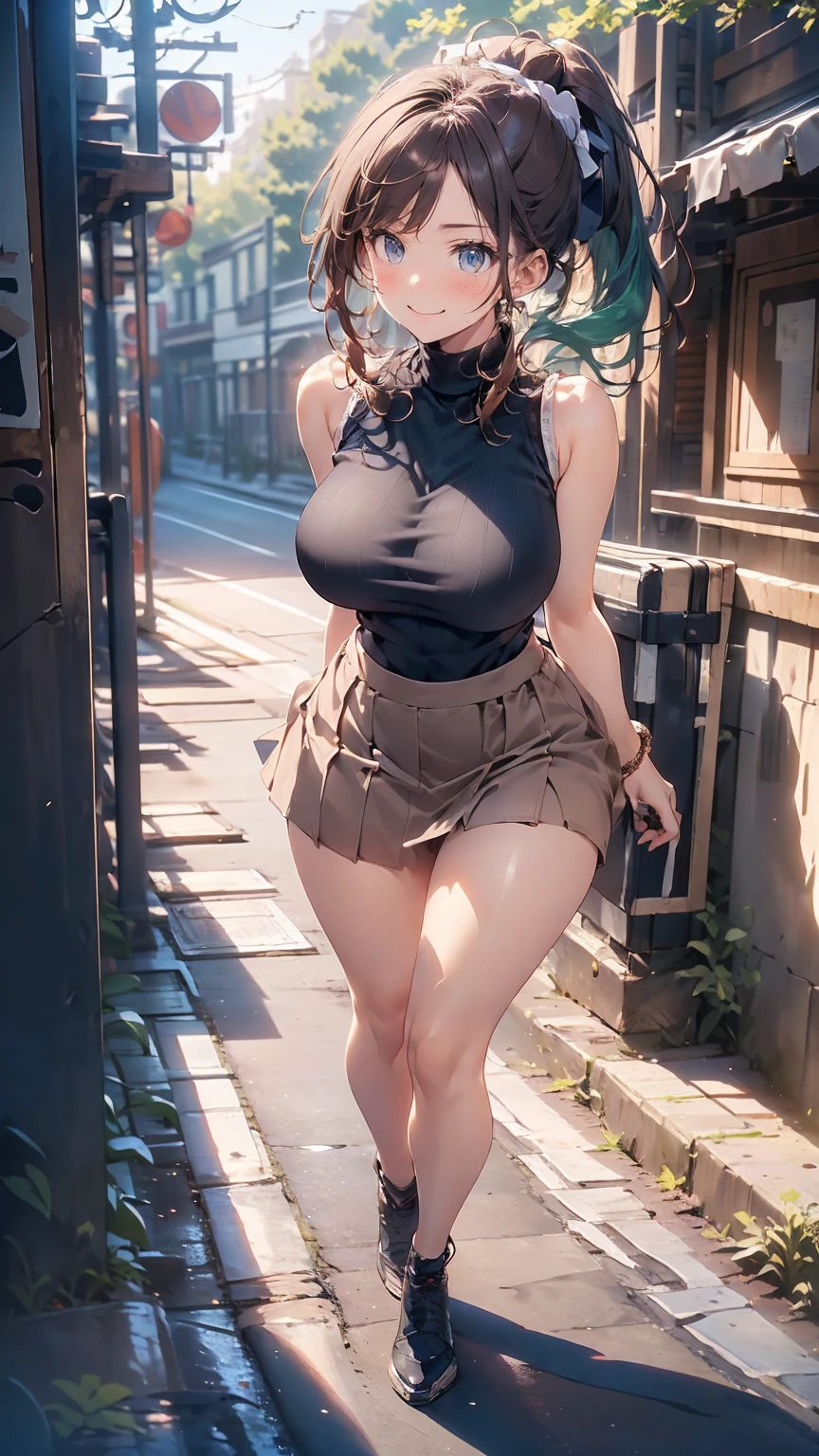 (work of art:1.2, maximum quality), (realisitic, photorealisitic:1.4), beautiful illustration, (natural side lighting, film lighting),
looking away, (Facial Focus, trunk, from low), 1 girl, Japanese, high school girl, , face perfect, perfectbody, beautiful face e simétrico, shining skin, baby face, mic,
(shorth hair:1.5, (low ponytail):1.6, long sideburns, Light brown bun hair), asymmetrical bangs, dark blue eyes, eyes large, droopy eyes, (medium breasts, Seductive thighs, big-ass),
cute hair, beautiful face, beautiful detailed eyes, beautiful collarbone, Body cute, nice chest, beautiful thigh, Nice legs, nice fingers,
((light brown sweater with open shoulders, black sleeveless sweater with turtleneck, brown tight mini skirt, ), emerald green hair ribbon),
(beautiful scenery), natta, (Street), standing, (kind smile, upper eyes, gaping mouth),