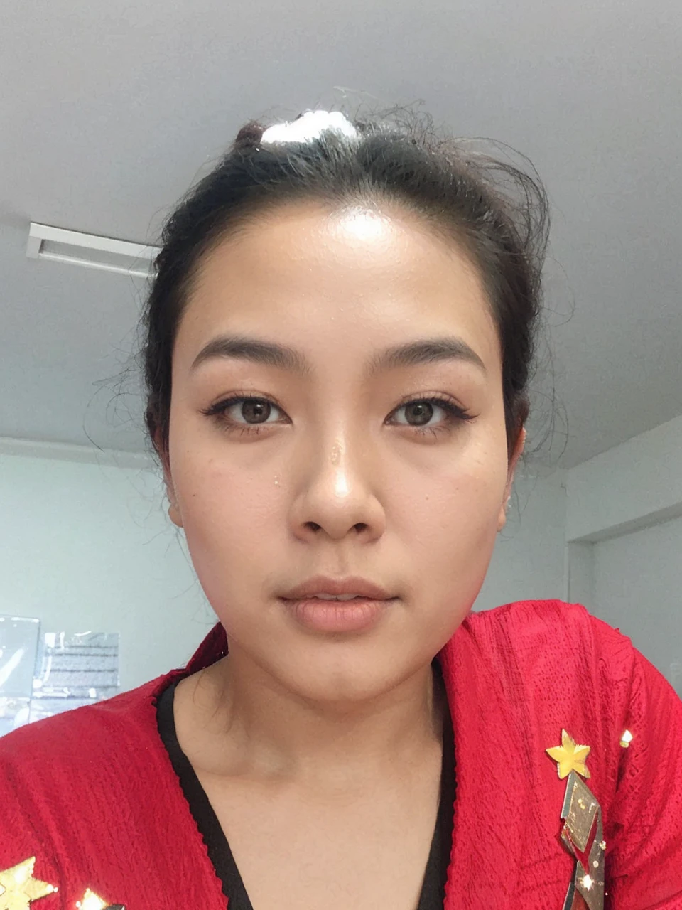 A chubby, handsome, Asian young man wearing cool glasses.,Cool hair, black and red, wears a Sarong. red gold sparkle,Wearing a black leather jacket and jeans., There was beautiful Thai jewelry, white skin, standing on a pedestal of sparkling clear glass, engraved with the name Tong., The background is a Facebook profile page named T Tong.,Beautiful light and shadow, Beautiful fresh color, very sharp, Highly detailed,,3d,The most realistic,