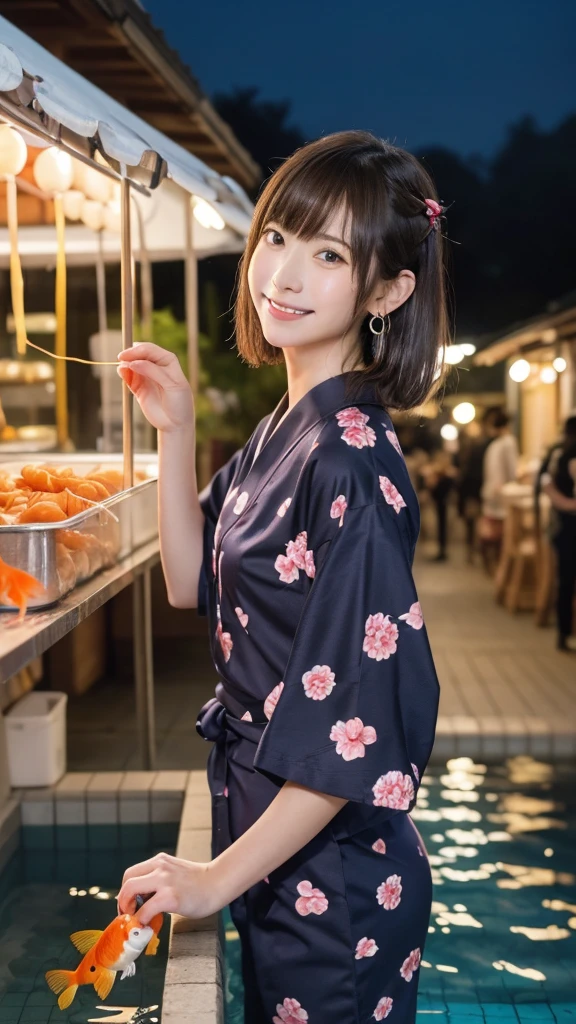 Best picture quality (8K, high resolution, Masterpiece: 1.2), super detailed, 215 Short Hair,Three braids long hair, 16-year-old woman,
Goldfish scooping main shot at a Japanese festival stall: A front view of a goldfish scooping tank at a food stall、Photographing the moment you look at goldfish。The goldfish are in a small pool on the ground.: From a side angle、Close-up of a concentrated expression as he watches the goldfish。Including the flickering lights reflected on the water surface。
yukata: Wearing a colorful yukata、The obi has a floral design。Hairpin in the hair(Hairpin)Refers to。
accessories: Festive bracelet on the wrist。Small Japanese-style earrings in the ears。
Small items: Wearing wooden clogs、In his hand he is holding a fan he bought at a food stall.。
illumination: The warm light of the lanterns illuminates the surroundings.、The food stalls are lined up as if floating in the night sky.。The goldfish scooping tank is equipped with underwater lights.、The water surface sparkles。
Active Pause ,
break Focus on upper 腰
, random cute pose ,big eyes ,Puffy eyes , Heart Pupil, blush , huge shy smile , salute