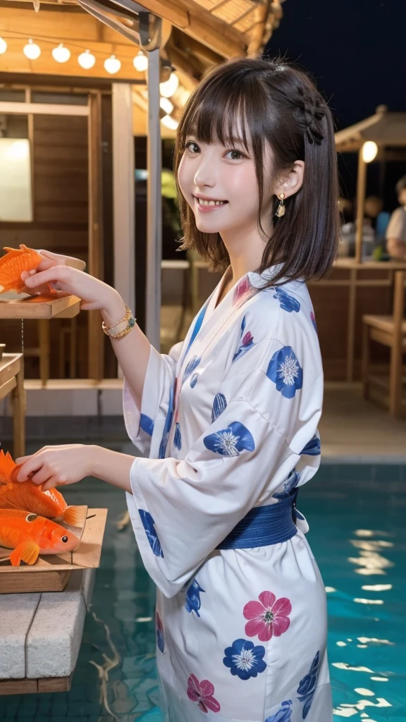 Best picture quality (8K, high resolution, Masterpiece: 1.2), super detailed, 215 Short Hair,Three braids long hair, 16-year-old woman,
Goldfish scooping main shot at a Japanese festival stall: A front view of a goldfish scooping tank at a food stall、Photographing the moment you look at goldfish。The goldfish are in a small pool on the ground.: From a side angle、Close-up of a concentrated expression as he watches the goldfish。Including the flickering lights reflected on the water surface。
yukata: Wearing a colorful yukata、The obi has a floral design。Hairpin in the hair(Hairpin)Refers to。
accessories: Festive bracelet on the wrist。Small Japanese-style earrings in the ears。
Small items: Wearing wooden clogs、In his hand he is holding a fan he bought at a food stall.。
illumination: The warm light of the lanterns illuminates the surroundings.、The food stalls are lined up as if floating in the night sky.。The goldfish scooping tank is equipped with underwater lights.、The water surface sparkles。
Active Pause ,
break Focus on upper 腰
, random cute pose ,big eyes ,Puffy eyes , Heart Pupil, blush , huge shy smile , salute