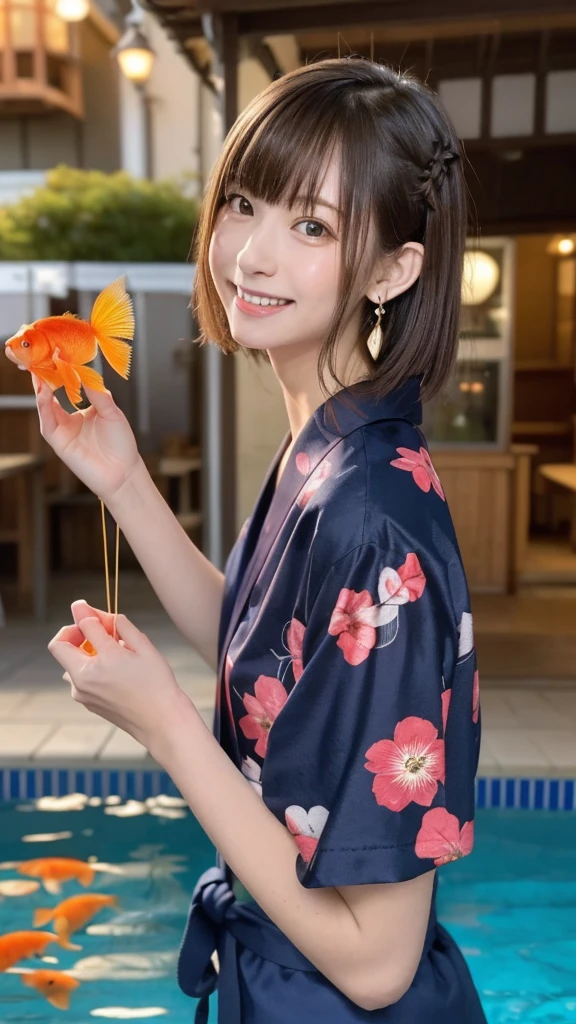 Best picture quality (8K, high resolution, Masterpiece: 1.2), super detailed, 215 Short Hair,Three braids long hair, 16-year-old woman,
Goldfish scooping main shot at a Japanese festival stall: A front view of a goldfish scooping tank at a food stall、Photographing the moment you look at goldfish。The goldfish are in a small pool on the ground.: From a side angle、Close-up of a concentrated expression as he watches the goldfish。Including the flickering lights reflected on the water surface。
yukata: Wearing a colorful yukata、The obi has a floral design。Hairpin in the hair(Hairpin)Refers to。
accessories: Festive bracelet on the wrist。Small Japanese-style earrings in the ears。
Small items: Wearing wooden clogs、In his hand he is holding a fan he bought at a food stall.。
illumination: The warm light of the lanterns illuminates the surroundings.、The food stalls are lined up as if floating in the night sky.。The goldfish scooping tank is equipped with underwater lights.、The water surface sparkles。
Active Pause ,
break Focus on upper 腰
, random cute pose ,big eyes ,Puffy eyes , Heart Pupil, blush , huge shy smile , salute