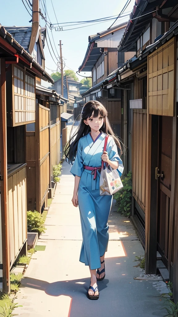 * . **background**：A residential area in Japan in the 1990s、A scene of tiled roof houses and bicycles lined up  
   **woman**：Semi-long hair、カーディガンとジーンズを着たwomanが、Returning home with shopping bags