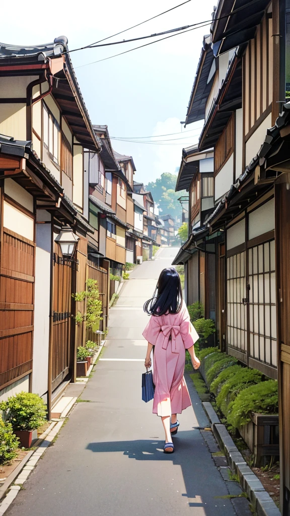 * . **background**:A residential area in Japan in the 1990s、A scene of tiled roof houses and bicycles lined up
**woman**:Semi-long hair、カーディガンとジーンズを着たwomanが、Returning home with shopping bags
